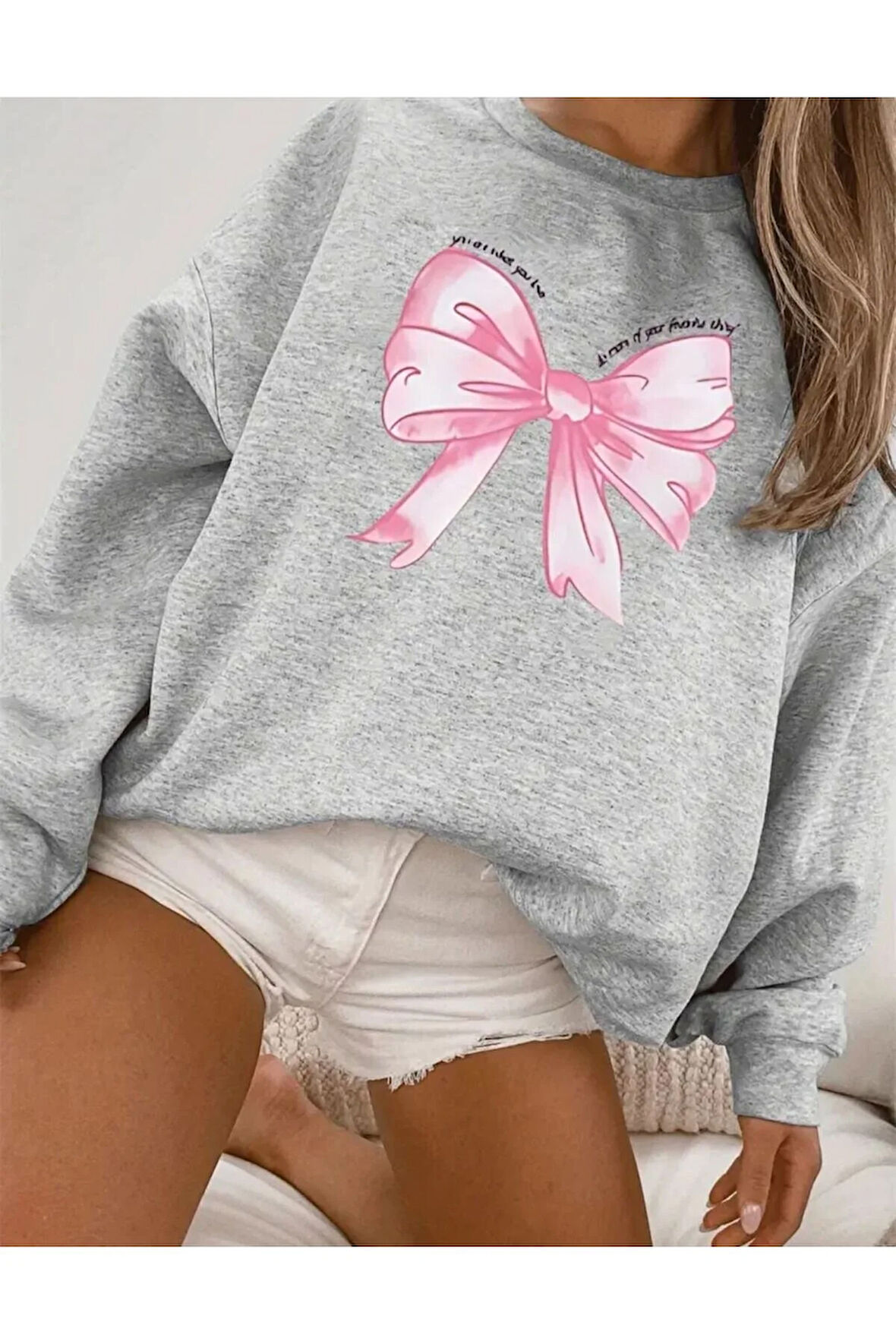 Kurdele Baskılı Bisiklet Yaka İçi Polarlı Sweatshirt