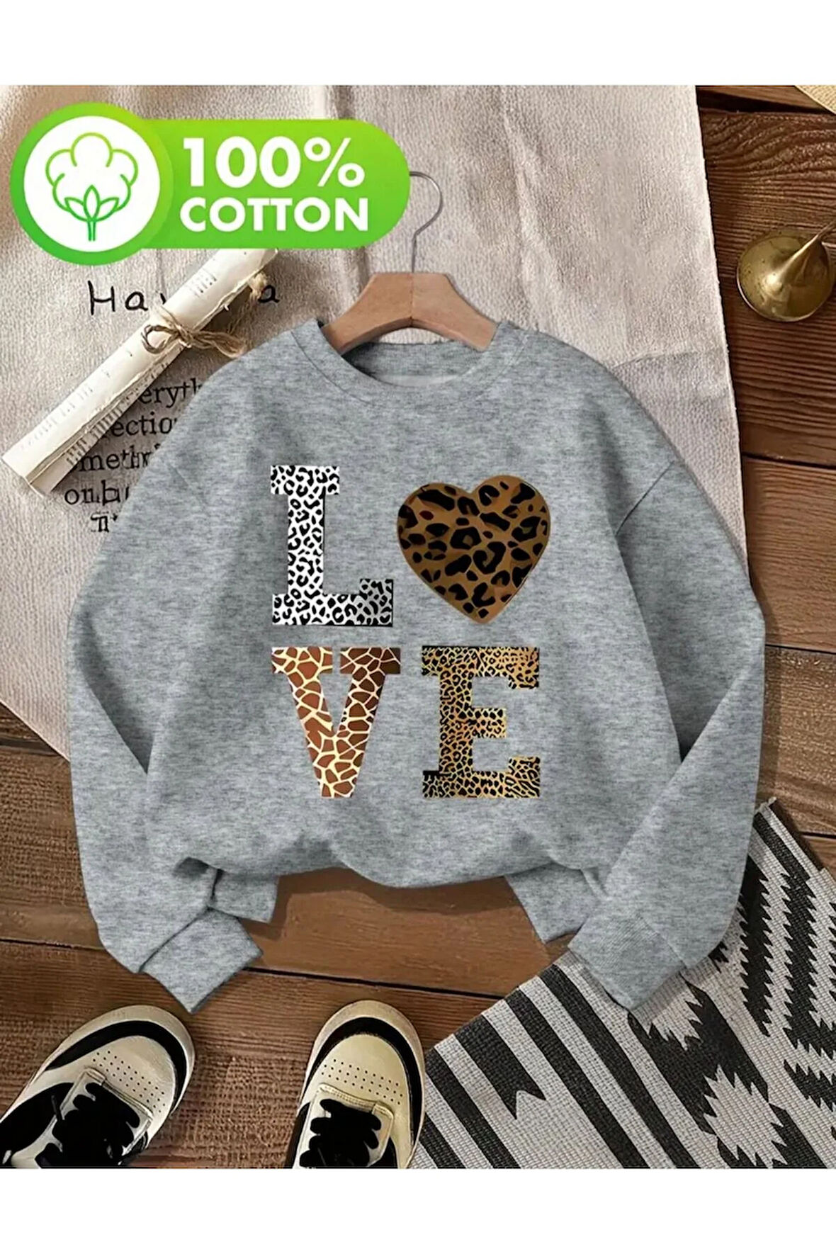 Love Desen Detaylı Bisiklet Yaka İçi Polarlı Sweatshirt