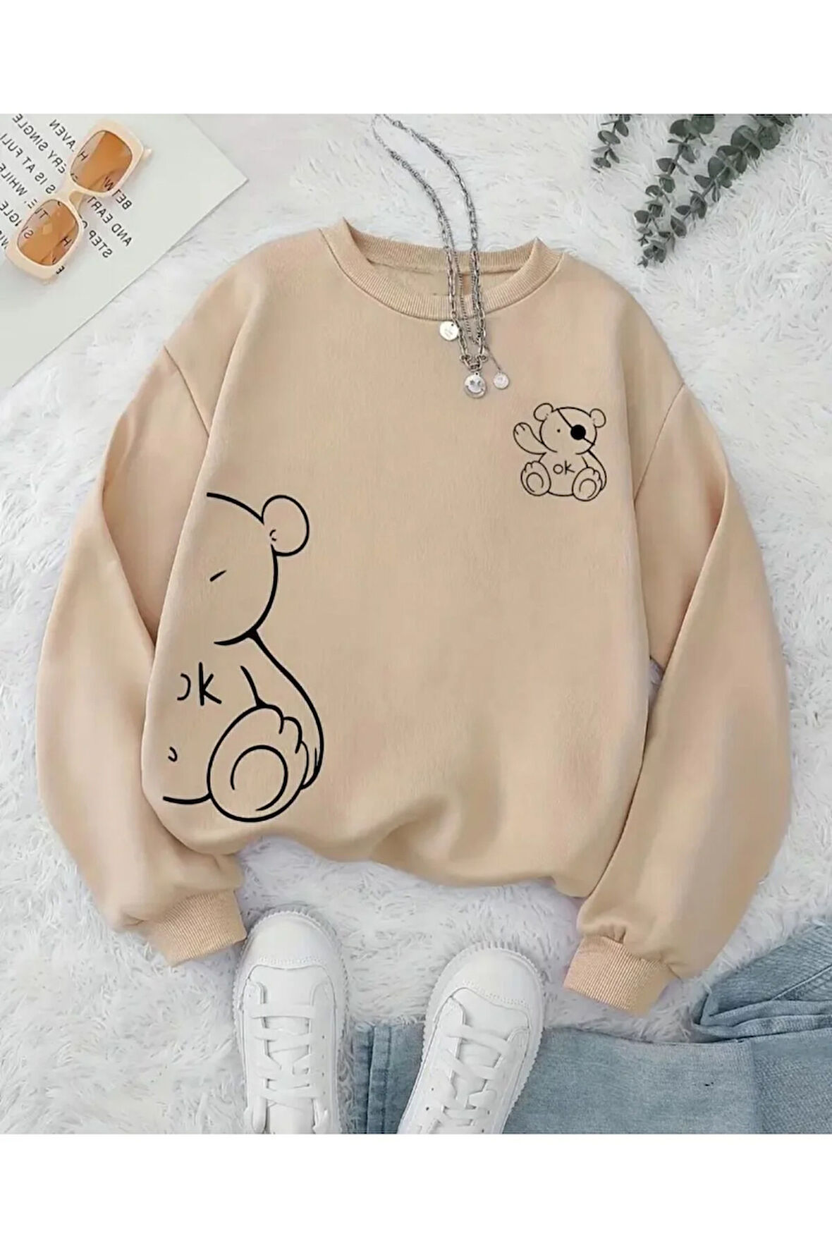 Ayıcık Desen Detaylı Bisiklet Yaka İçi Polarlı Sweatshirt