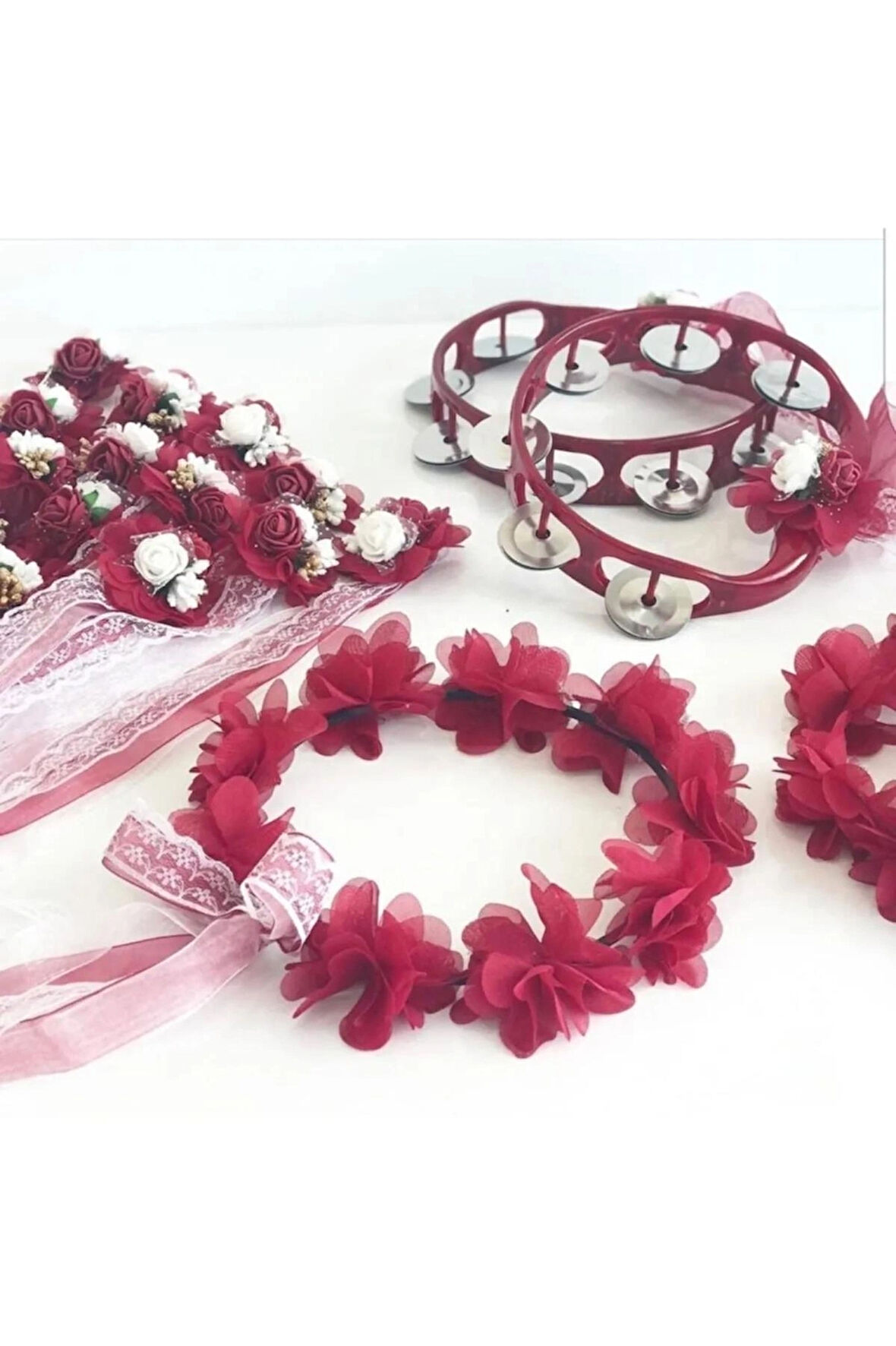 Lüx Kına Seti Tef Gelin Tacı Nedime Bilekliği Seti Bordo