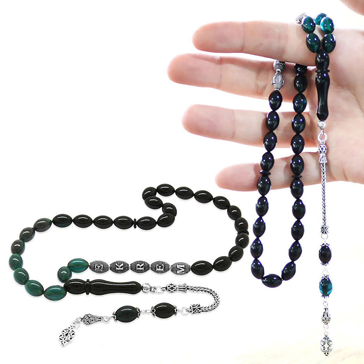 925 Ayar Gümüş Püsküllü Arpa Kesim Gümüş İsim Yazılı Süzme Turkuaz-Siyah Ateş Kehribar Tesbih