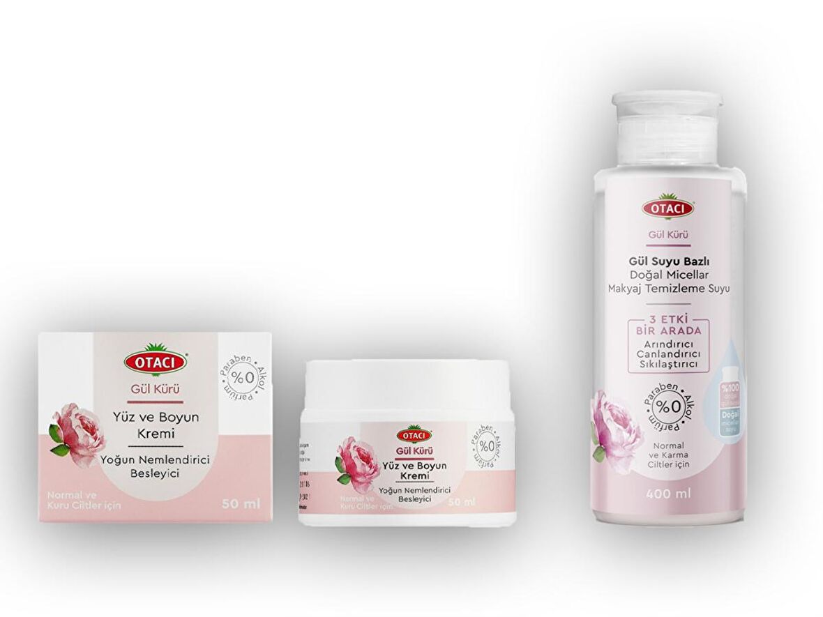 Otacı gül Kürü Gül Suyu Bazlı Doğal Micellar Makyaj Temizleme Suyu + Gül Kürü Yüz ve Boyun Kremi