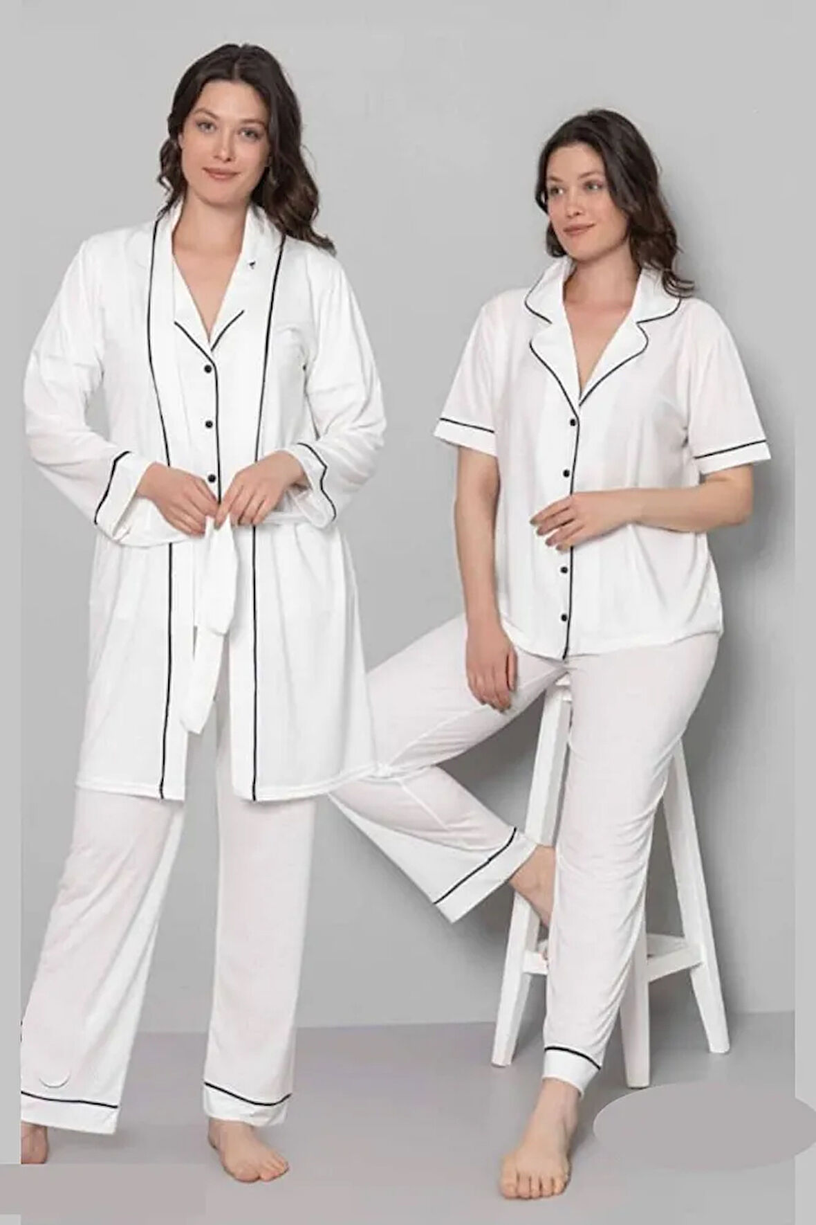 3'lü Kadın Sabahlıklı Pijama Takımı – Yumuşacık Viskon Kumaş - 1041