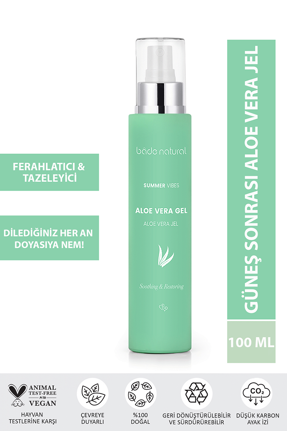 Bade Natural Aloe Vera Jel Güneş Sonrası Nemlendirici %100 Doğal 100 ml