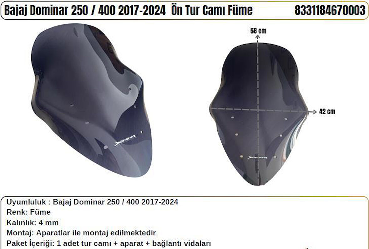 Bajaj Dominar 250/400 Füme (2017-24) Uzun Tur Camı