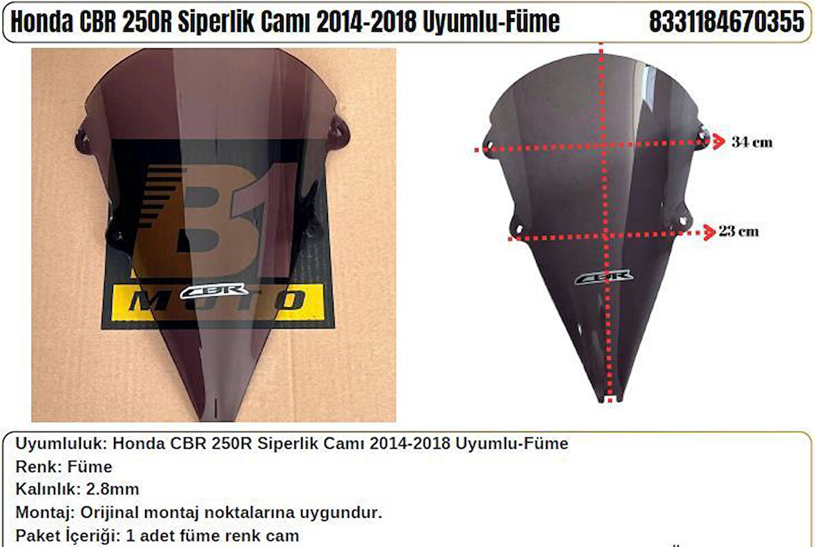 Honda CBR 250R Füme (2014-18) Siperlik Camı