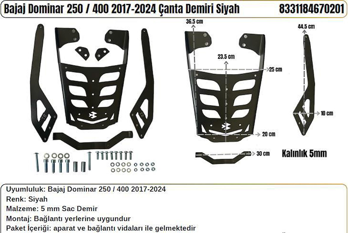 Bajaj Dominar 250-400 Arka Çanta Taşıma Demiri-2017-2024 Uyumlu- Siyah- 5 mm