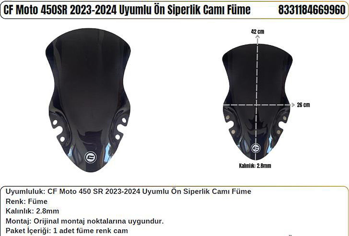 CF Moto 450SR FÜME (2023-24) Siperlik Camı