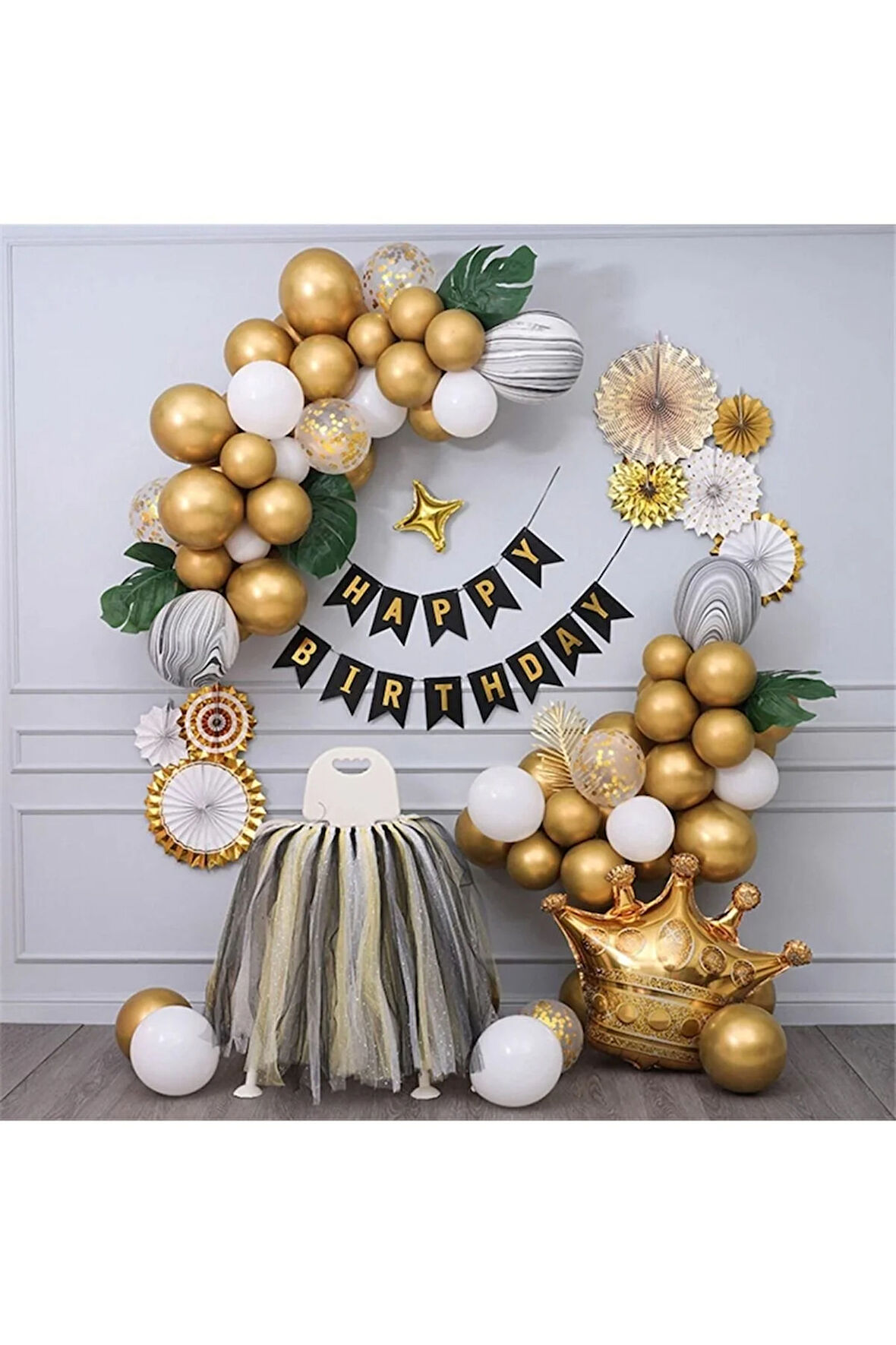 Kral Taçlı Gold Zincir Balon Doğum Günü Seti 3 Yaş