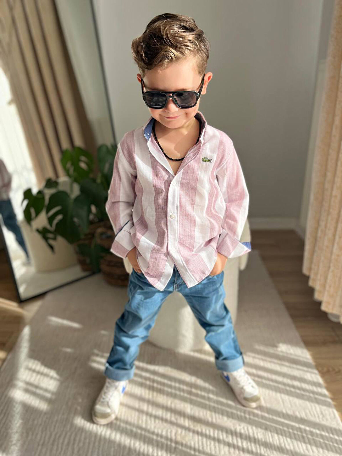 Cg Kids Bordo Dikine Çizgili Ince Keten Gömlek Erkek Çocuk