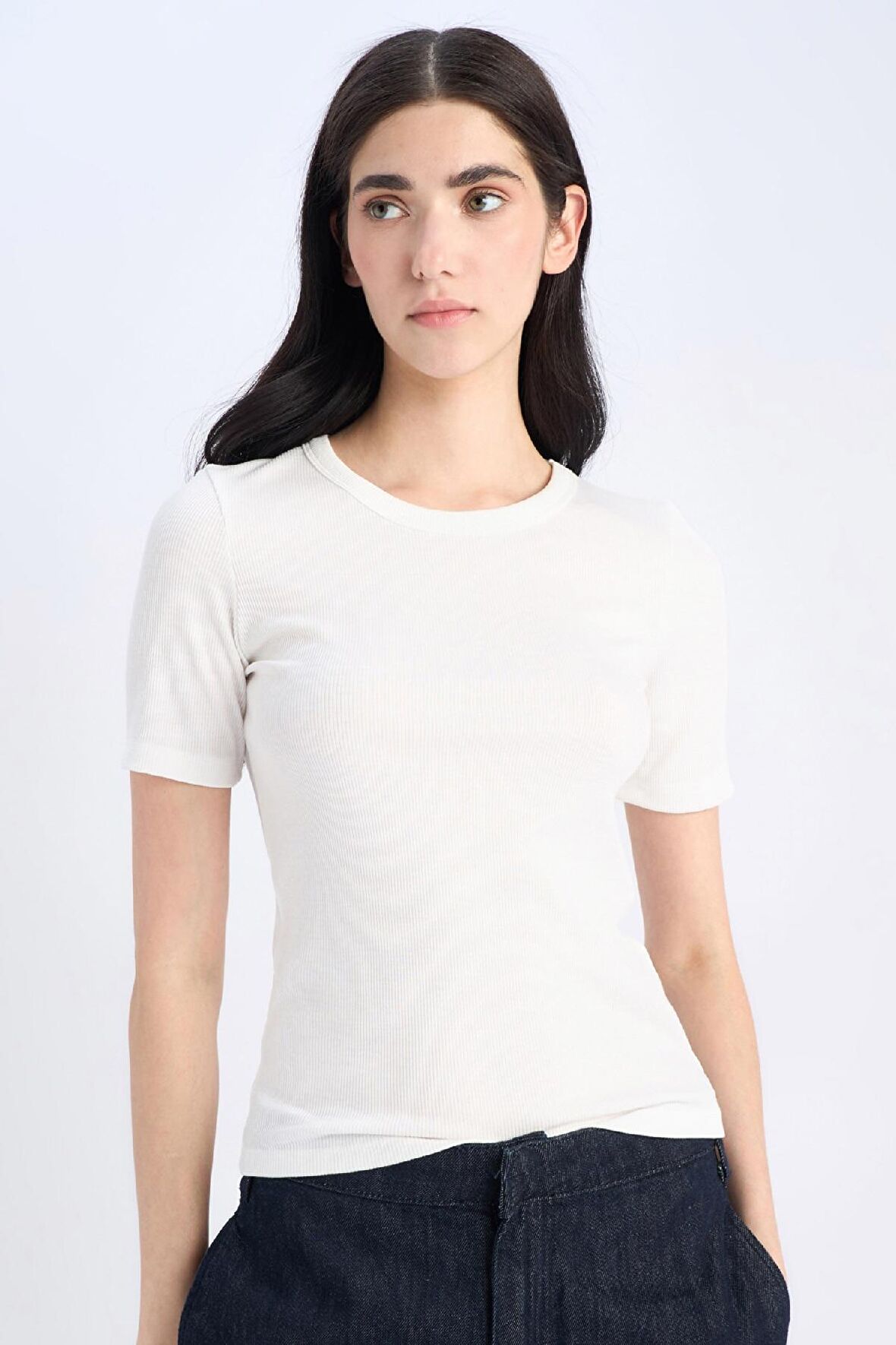 Slim Fit Dar Kesim Bisiklet Yaka Fitilli Kaşkorse Basic Düz Kısa Kollu Tişört