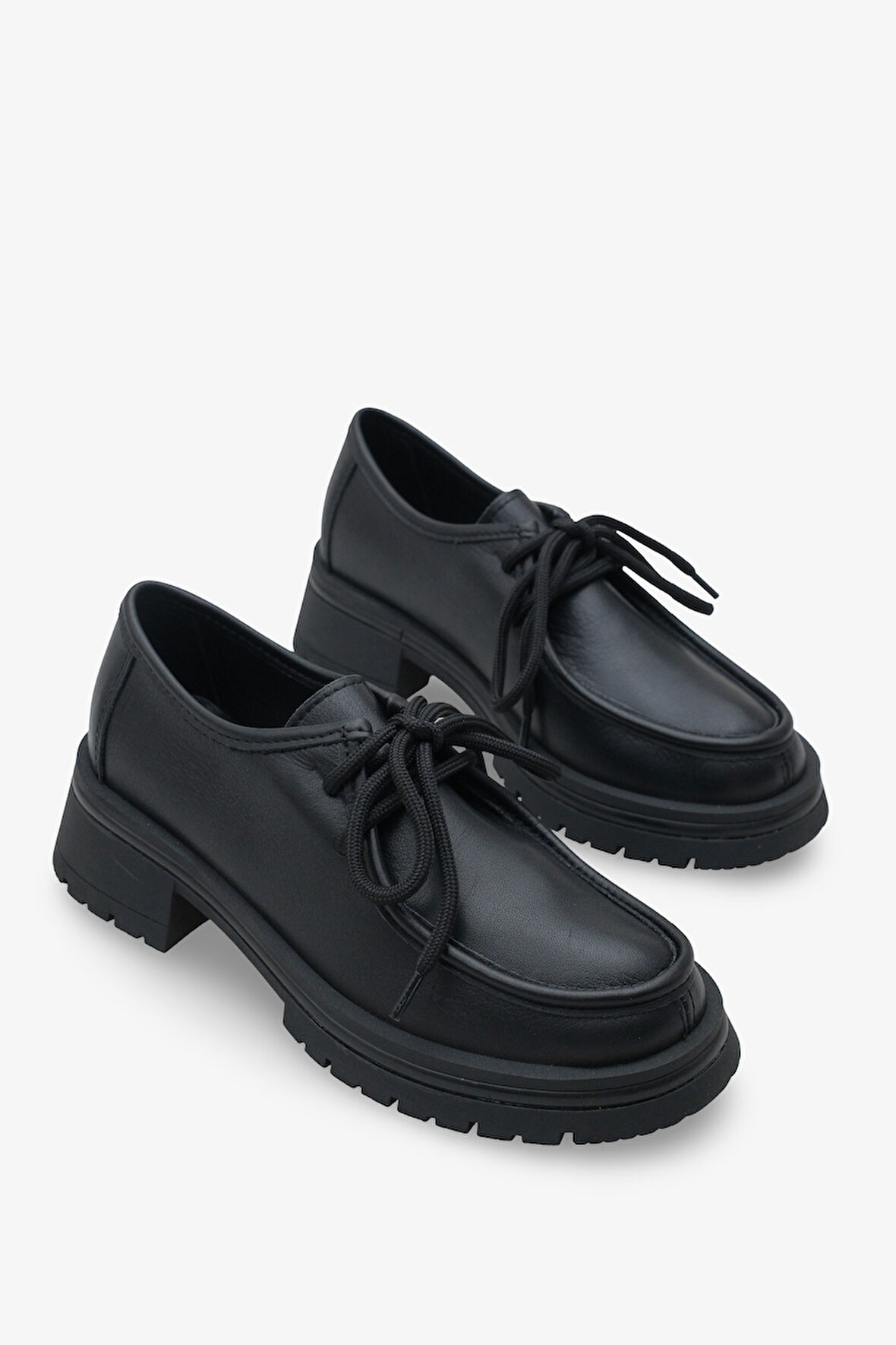 Kadın Hakiki Deri Loafer Bağcıklı Kalın Taban Günlük Ayakkabı Jekos Siyah