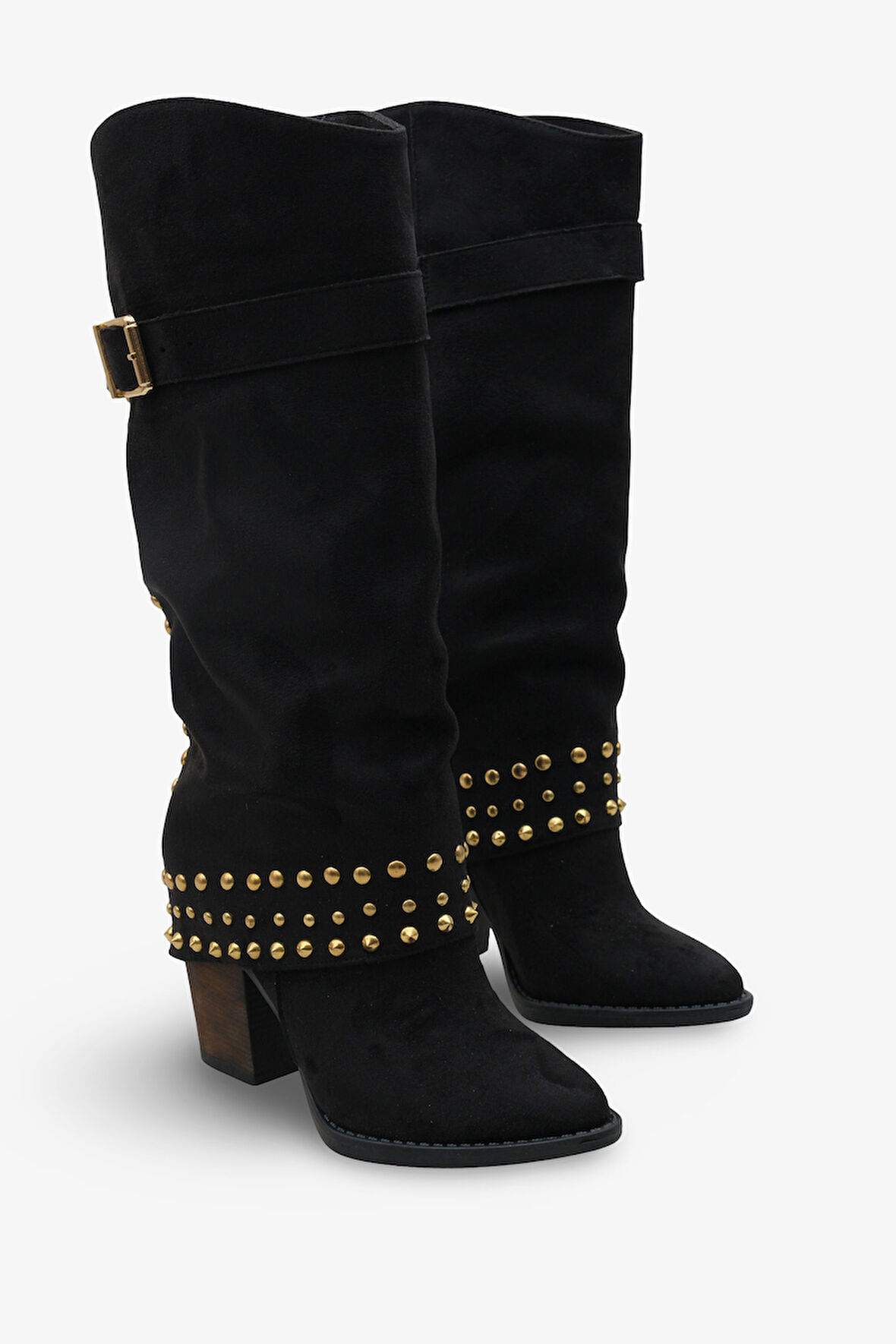 Kadın Gold Troklu Kemer Detaylı Topuklu Günlük Çizme Oslos Siyah Süet