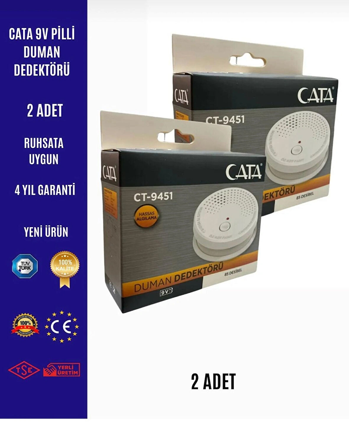 2 adet Duman Dedektörü Pilli CATA Ct-9451 ( Pil Hariçtir)