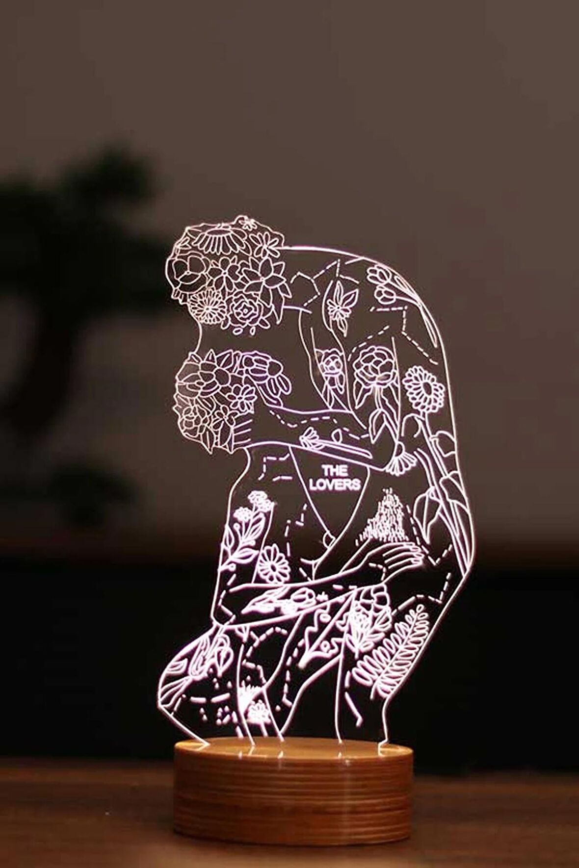 The Lovers Figürlü Dekoratif Hediye Led Masa Lambası | 7 Işık Rengi | Ahşap Taban