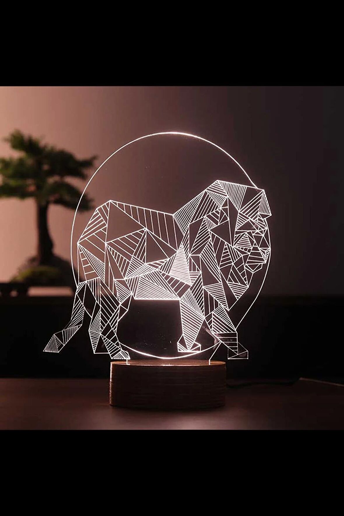 Aslan Led Masa Lambası | 7 Işık Rengi | Ahşap Taban