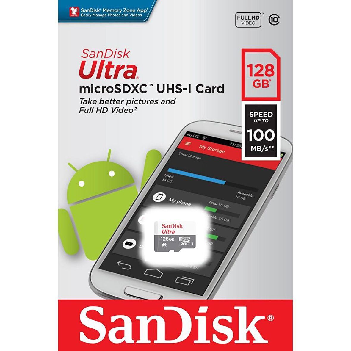 128GB MICRO SD ANDROID 100 MB/S SANDISK SDSQUNR-128G-GN6MN