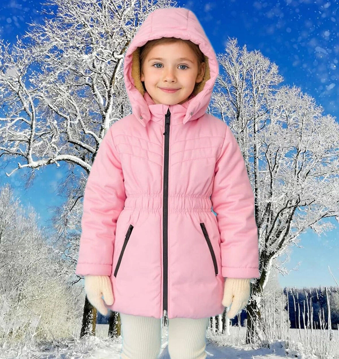 kapişonlu beli lastikli içi kürklü kız çocuk mont pembe