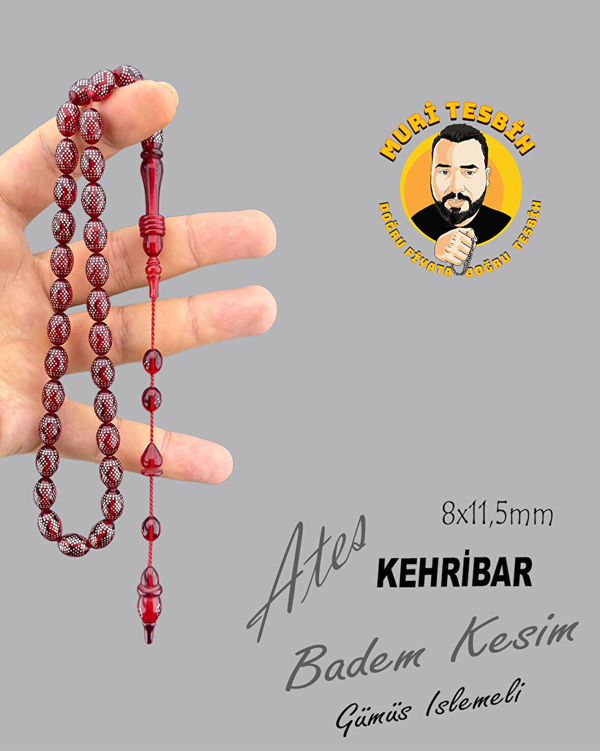 GÜMÜŞ İŞLEMELİ ATEŞ KEHRİBAR BADEM KESİM 8X11,50
