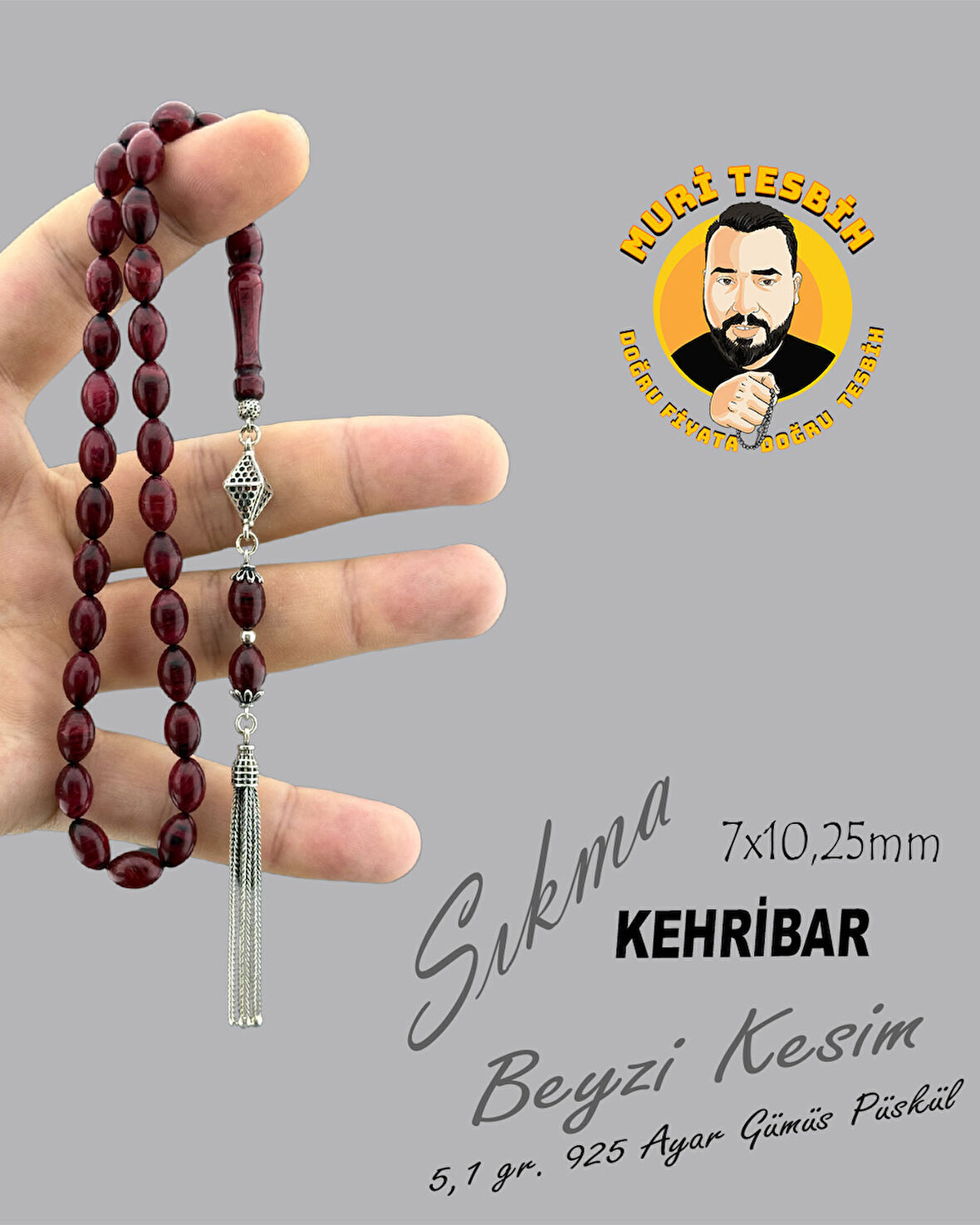 5,1 GR 925 AYAR GÜMÜŞ PÜSKÜL SIKMA KEHRİBAR BEYZİ KESİM 7X10,25