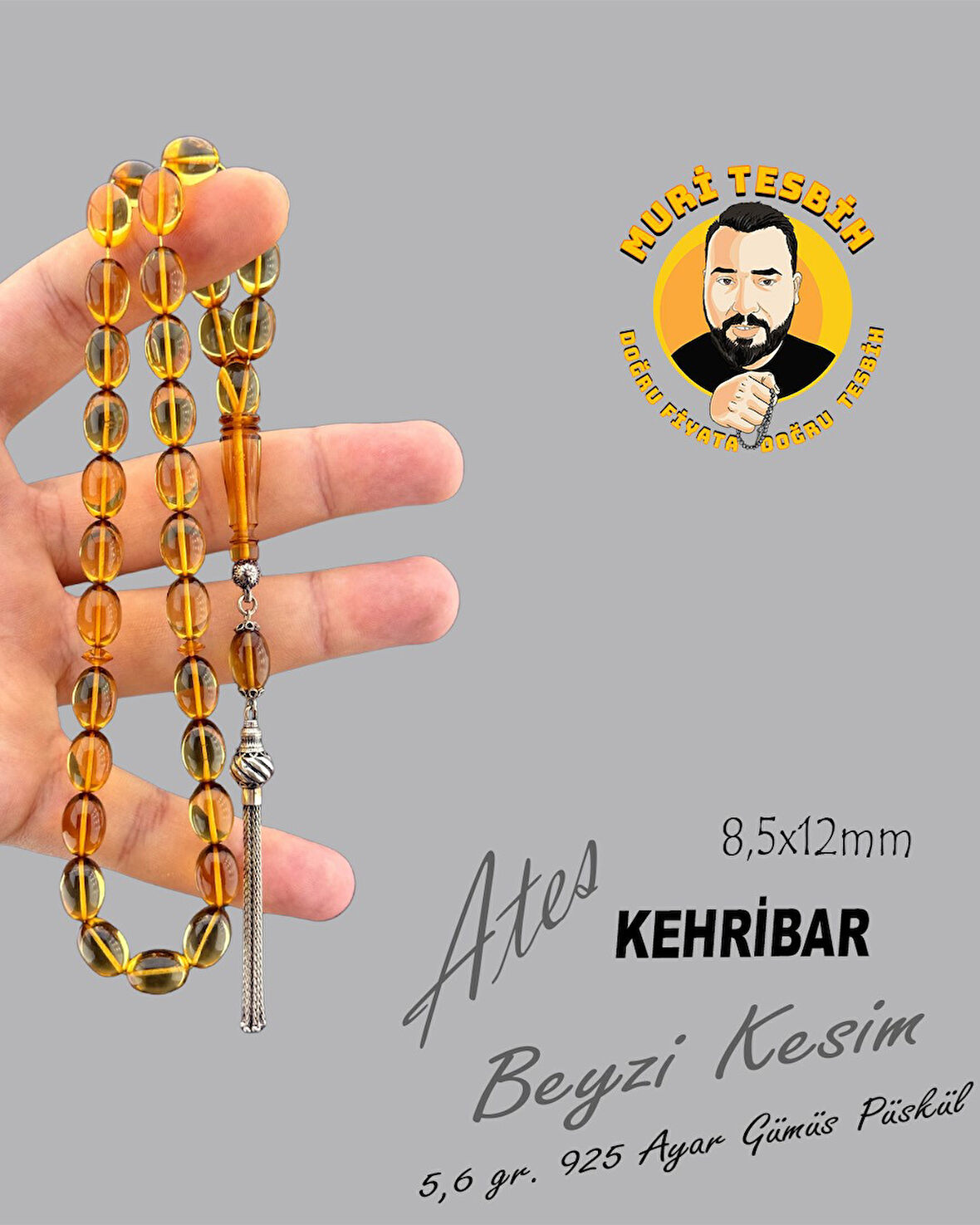 MURİ TESBİH 5,8 GR 925 AYAR GÜMÜŞ PÜSKÜL ATEŞ KEHRİBAR BEYZİ KESİM 8,50X12