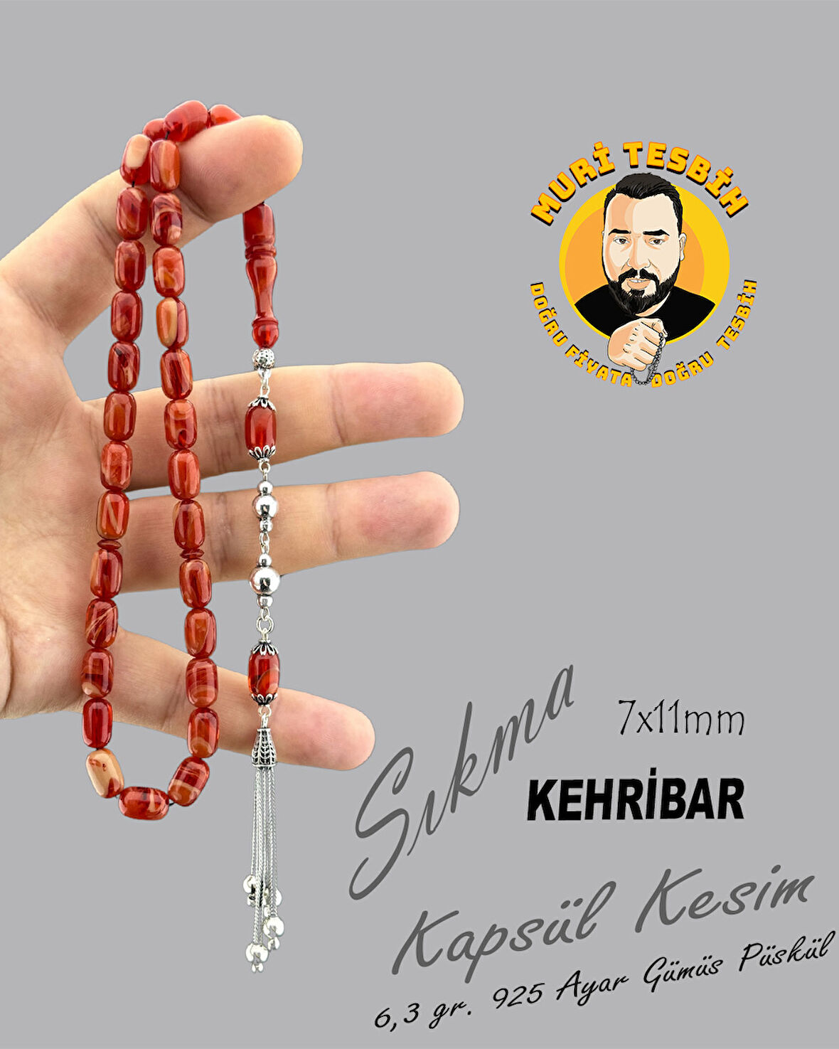 6,3 GR 925 AYAR GÜMÜŞ PÜSKÜL SIKMA KEHRİBAR KAPSÜL KESİM 7X11