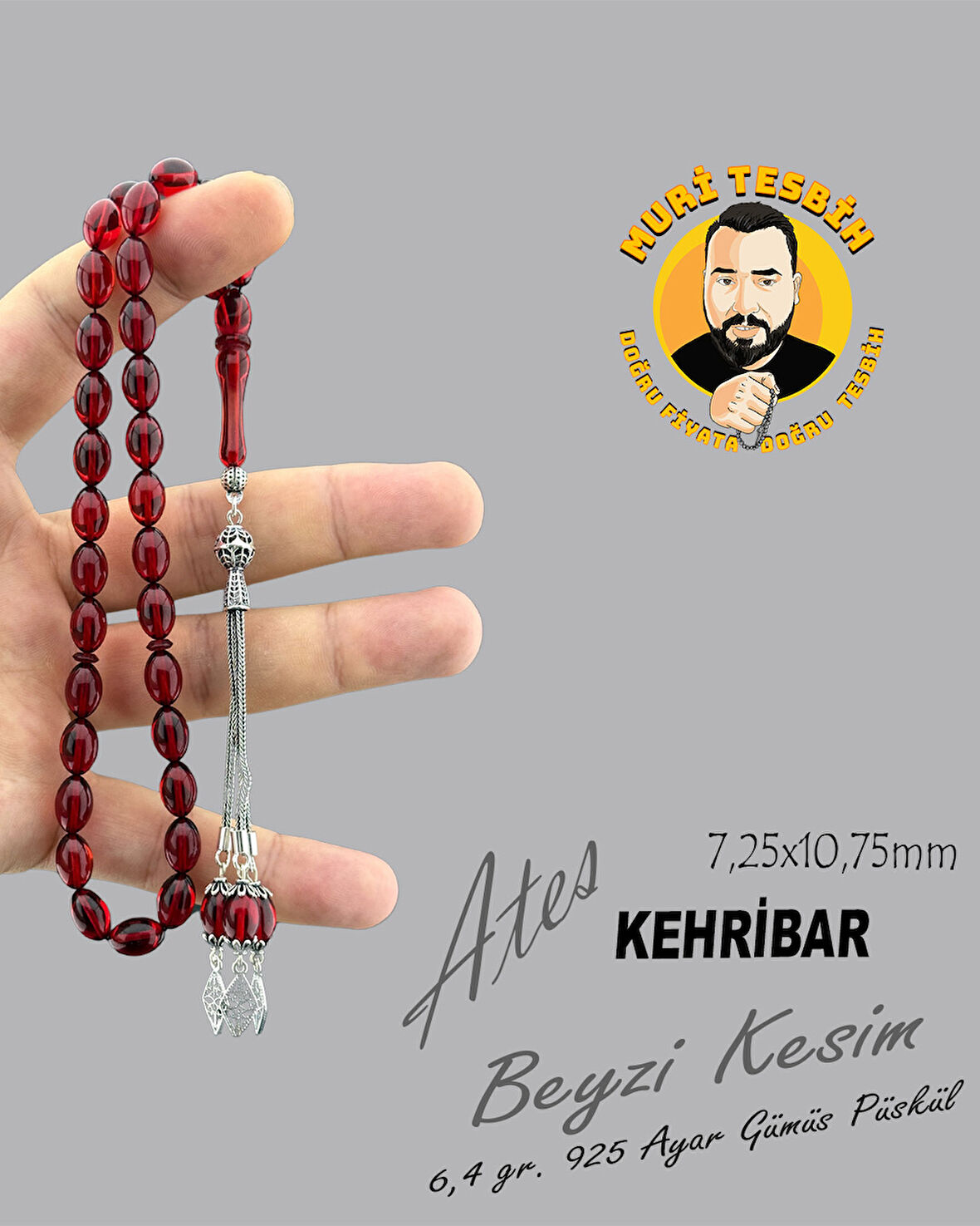 6,4 GR 925 AYAR GÜMÜŞ PÜSKÜL ATEŞ KEHRİBAR BEYZİ KESİM 7,25X10,75