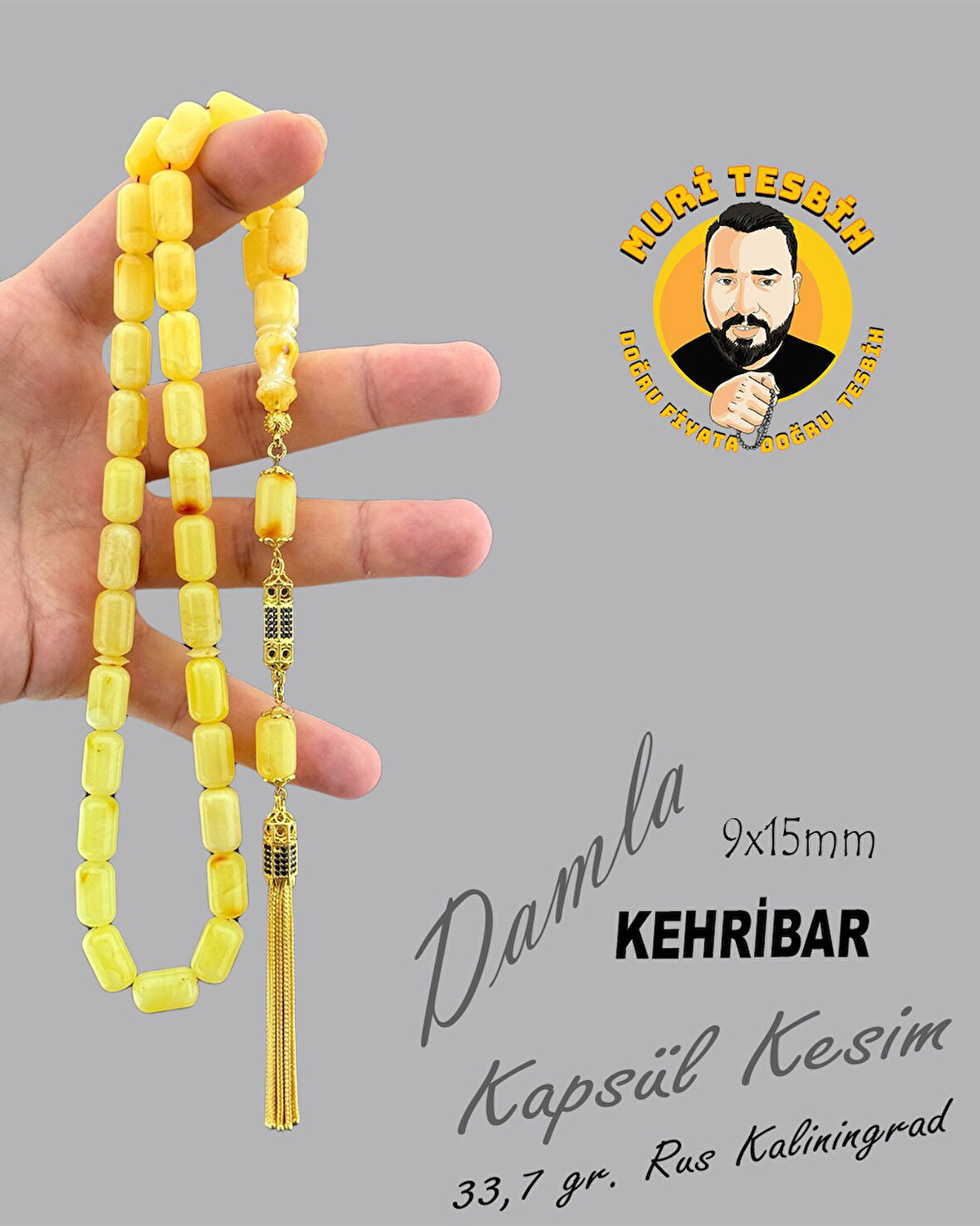 MURİ TESBİH 33,7 GR RUS KALİNİNGRAD DAMLA 13,6 GR DİAMOND GÜMÜŞ PÜSKÜL KAPSÜL KESİM 9X15