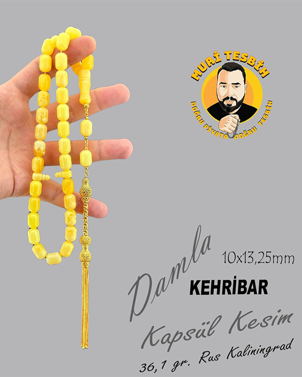 MURİ TESBİH 36,1 GR RUS KALİNİNGRAD DAMLA 12,7 GR ÖZEL TASARIM PÜSKÜL KAPSÜL KESİM 10X13,50
