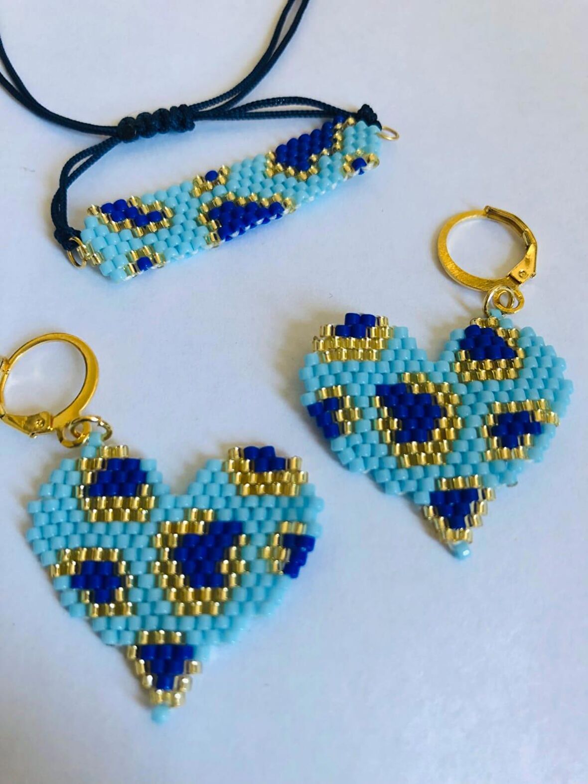 Melike Miyuki  Bileklik ve Küpe Seti/Leo Kalp/Mavi