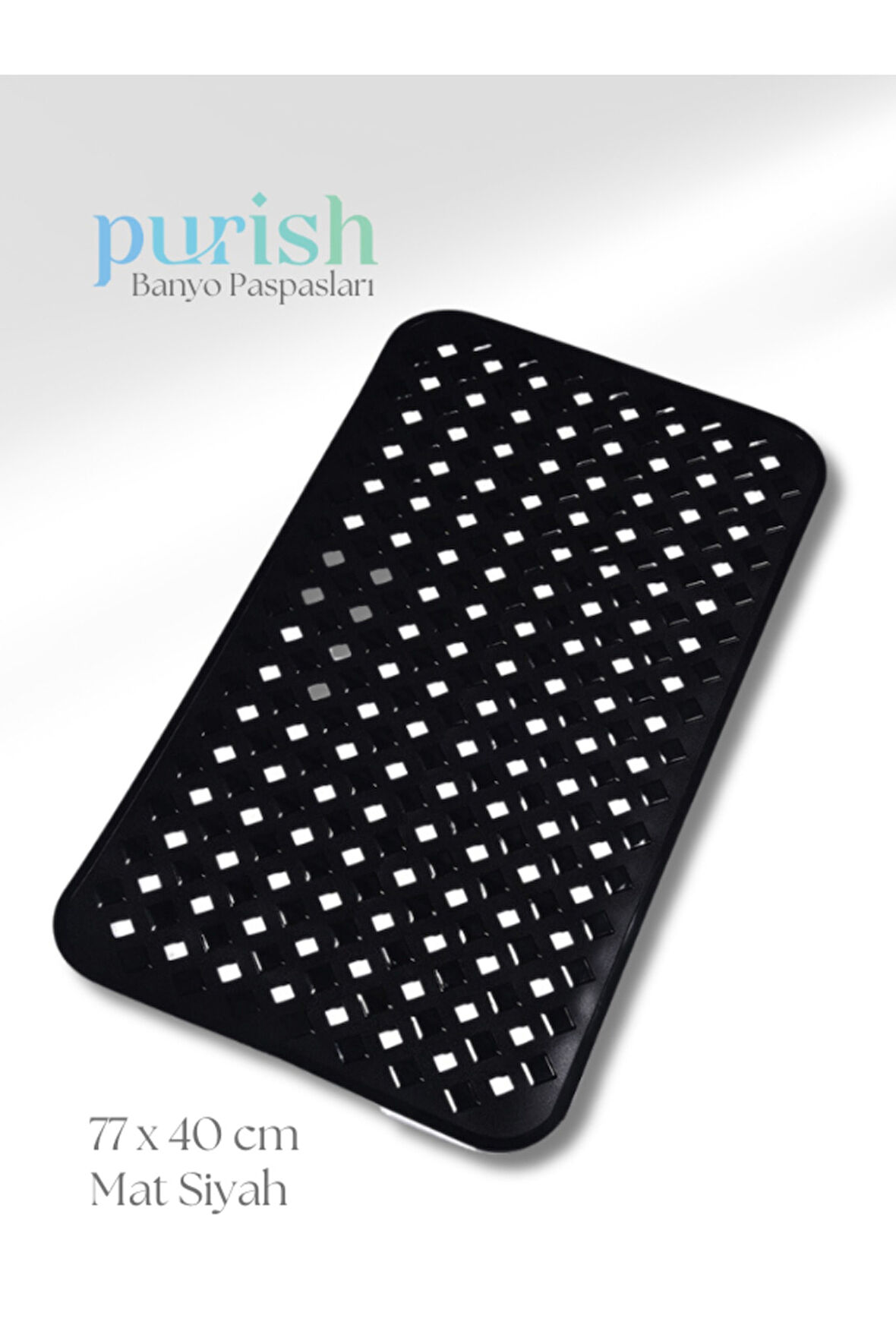 Purish | Banyo Duş İçin Vantuzlu Kaydırmaz, Su Drenajlı, Masaj Noktalı Paspas - Mat Siyah -70x40cm