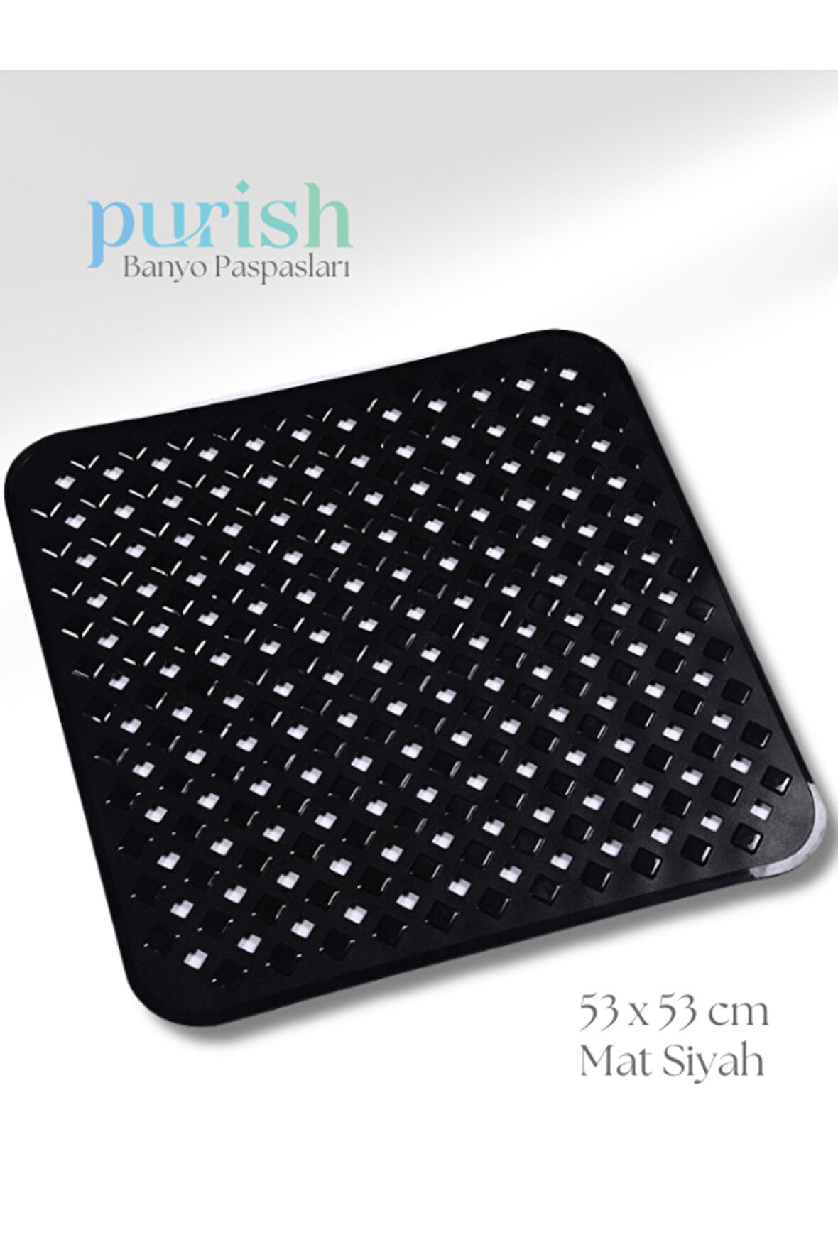 Purish | Banyo Duş İçin Vantuzlu Kaydırmaz, Su Drenajlı, Masaj Noktalı Paspas - Mat Siyah -53x53cm