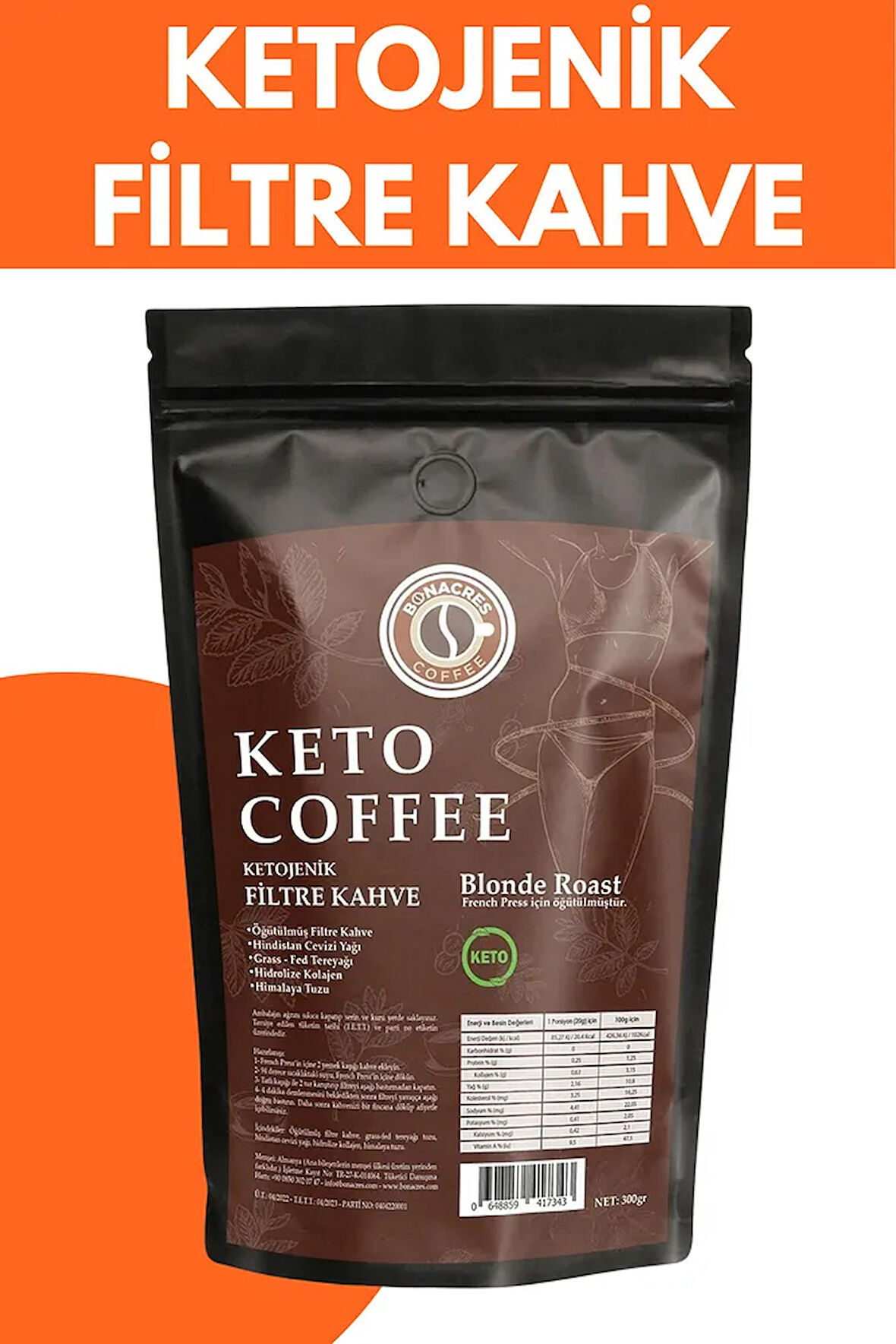 Keto Filtre Kahve 300gr - French Press Için Öğütülmüş