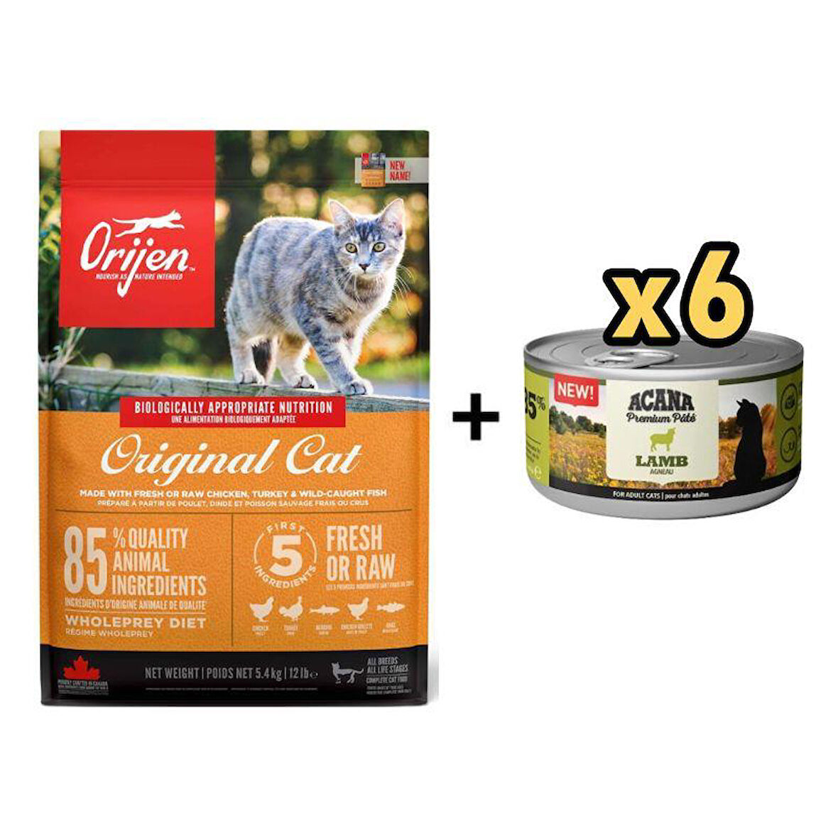 Orijen Original Yetişkin Kedi Maması 5,4kg + 6 Adet Acana Premium Kuzulu Ezme Kedi Konservesi 85 gr