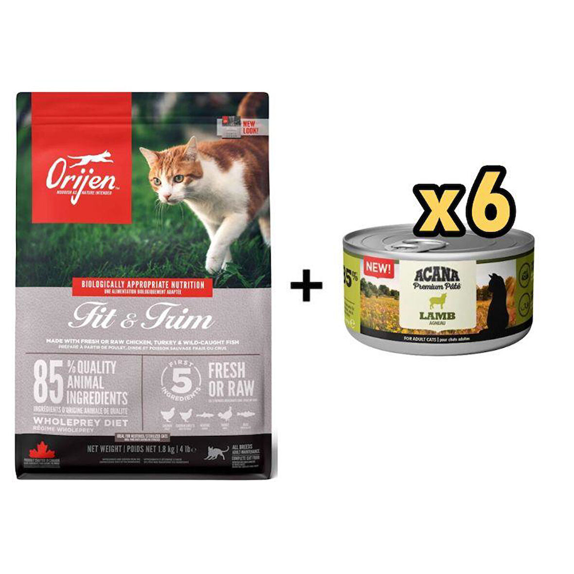 Orijen Fit & Trim Kilo Kontrolü İçin Kedi Maması 1,8 Kg + 6 Adet Acana Premium Kuzulu Ezme Kedi Konservesi 85 gr