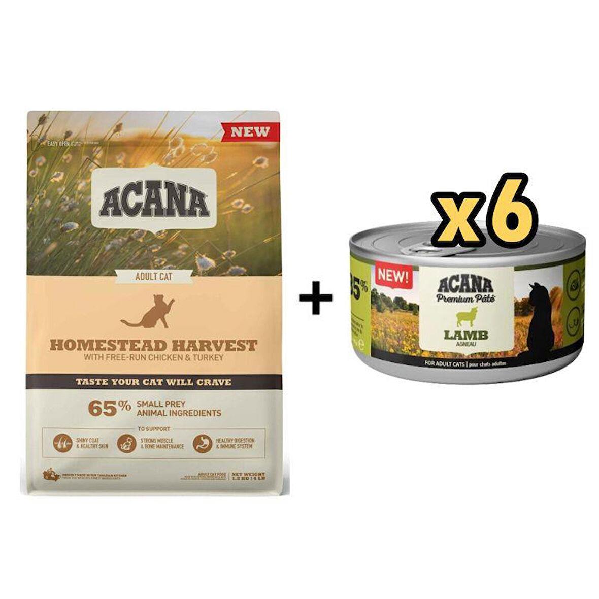 Acana Homestead Harvest Tavuklu ve Hindili Yetişkin Kedi Maması 1,8kg + 6 Adet Acana Premium Kuzulu Ezme Kedi Konservesi 85 gr