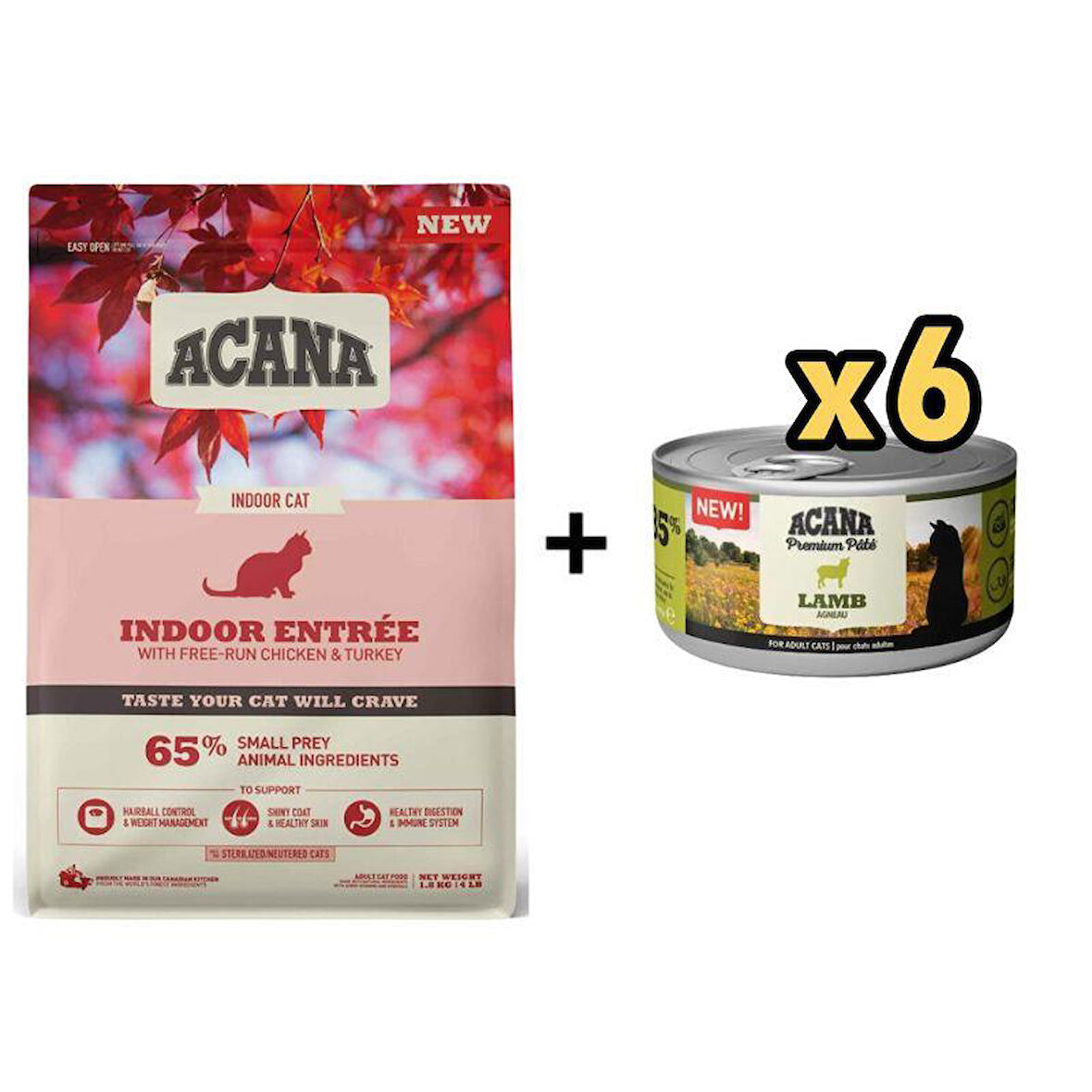 ACANA Indoor Entree Sterilised Yetişkin Kedi Maması 1,8Kg + 6 Adet Acana Premium Kuzulu Ezme Kedi Konservesi 85 gr 
