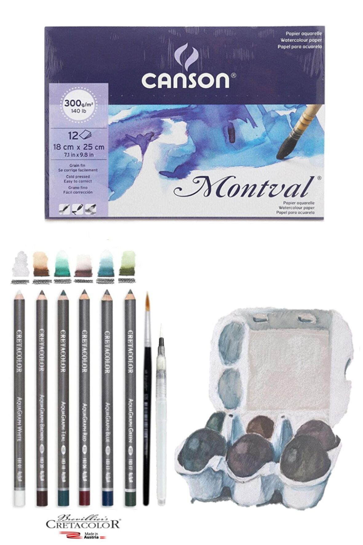 Canson Montval 18x25 Cm 300gr 12 Yp Cretacolor 6'lı Aquarell Sulandırılabilir Fırçalı Eskiz Set