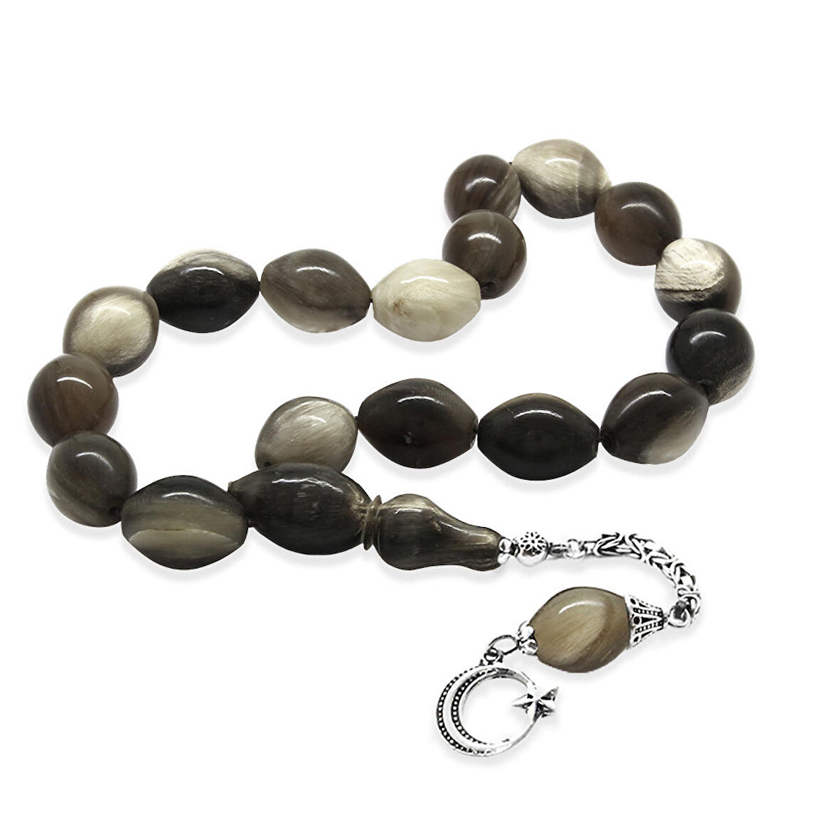 925 Ayar Gümüş Püsküllü Arpa Kesim Bufalo Boynuzu Efe Tesbihi