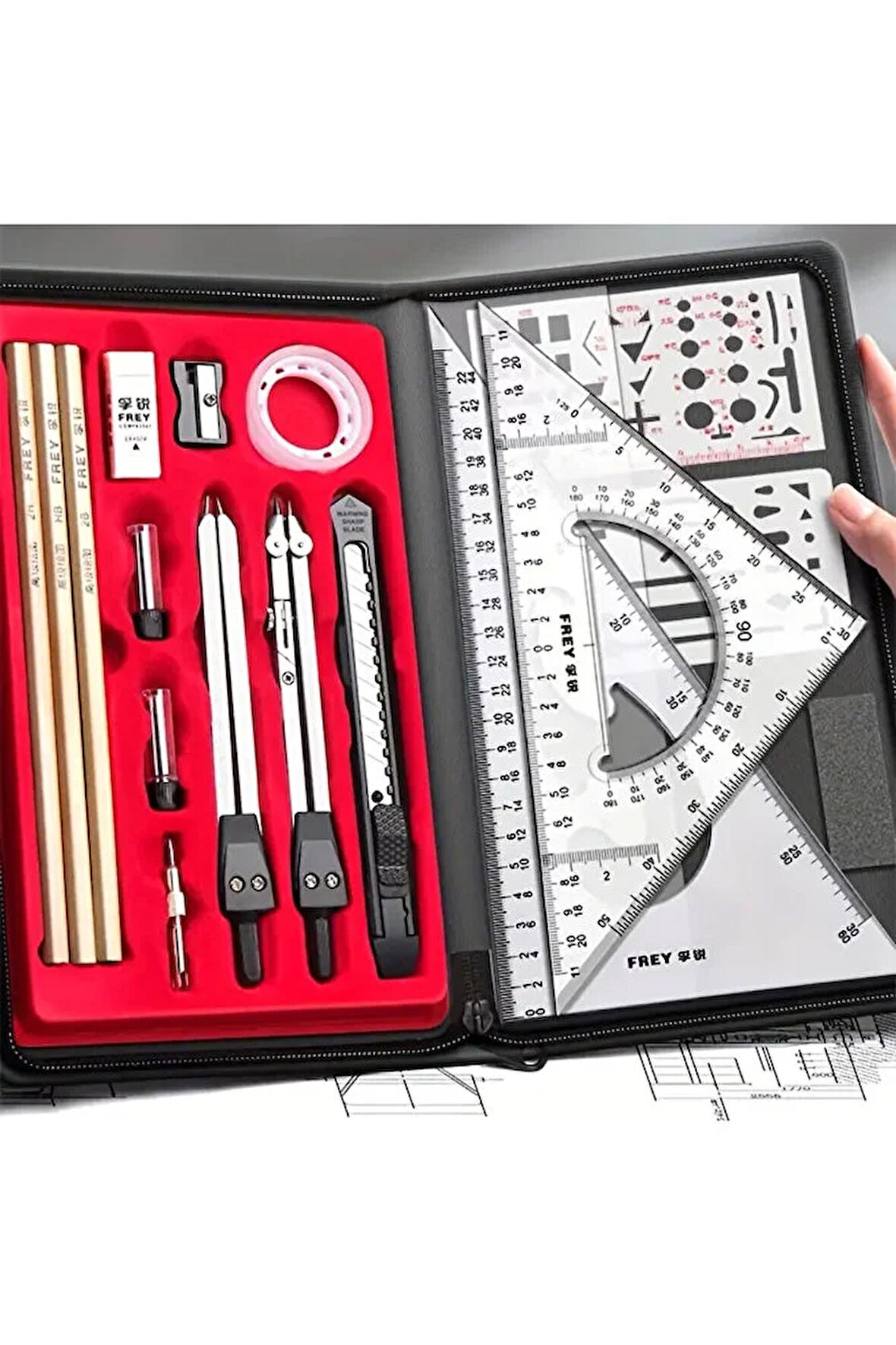 Çizim seti, mühendislik, mimarlık, mekanik, pergel, açı ölçer, cetveller-çantalı set