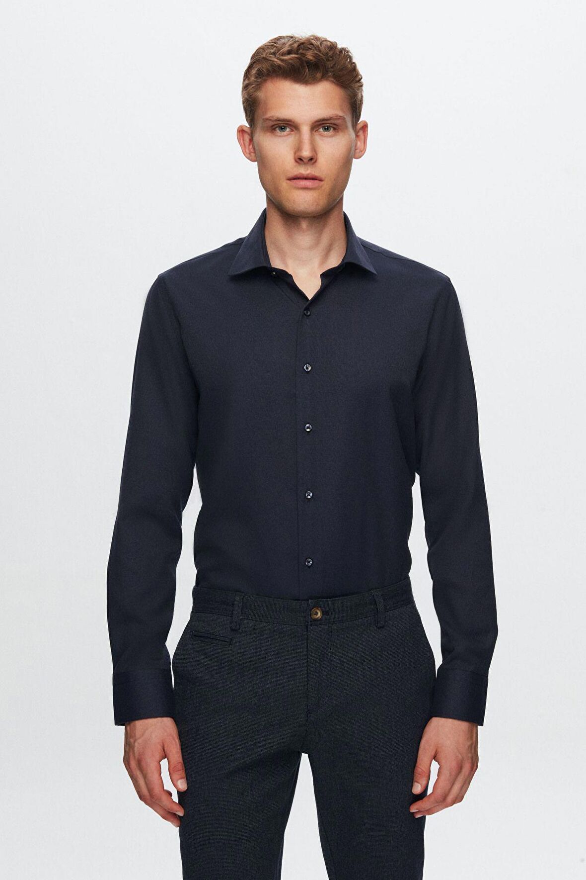 Slim Fit Lacivert Armürlü Gömlek 7HF02ORT02100