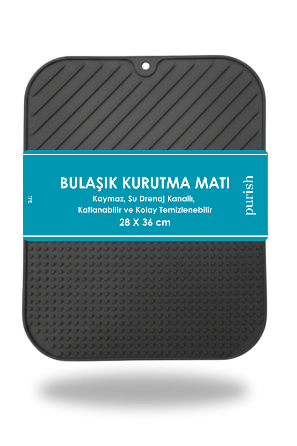 Purish | Bulaşık Kurutma Matı –TPE – 28x36 cm, Kaymaz, Bardak & Tabak Kurutma Pedi (Antrasit Gri)