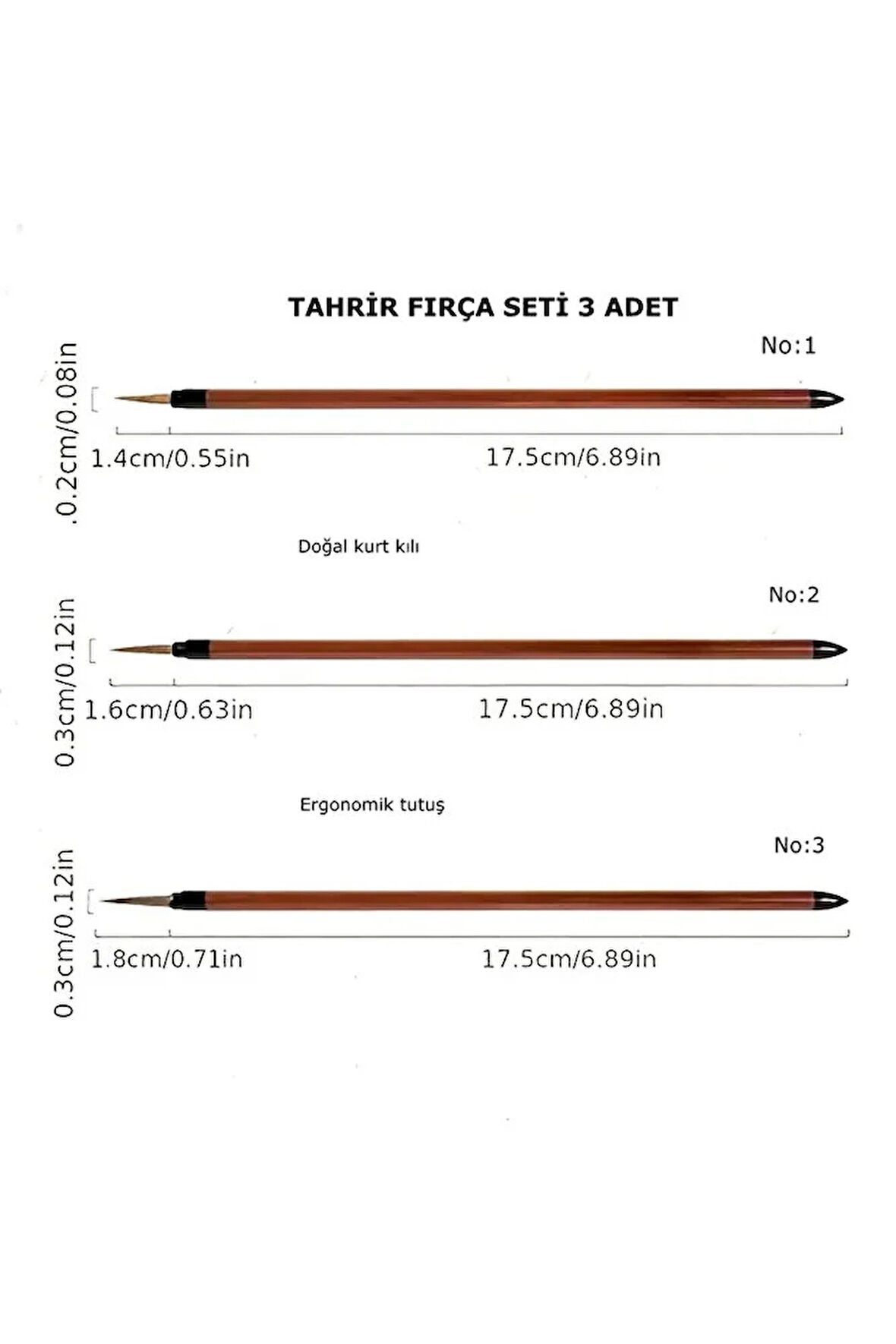 Tahrir fırça seti 3 adet, 1-2-3 Numara 1. kalite-çini, seramik, tezhip, minyatür,boyama sanatları