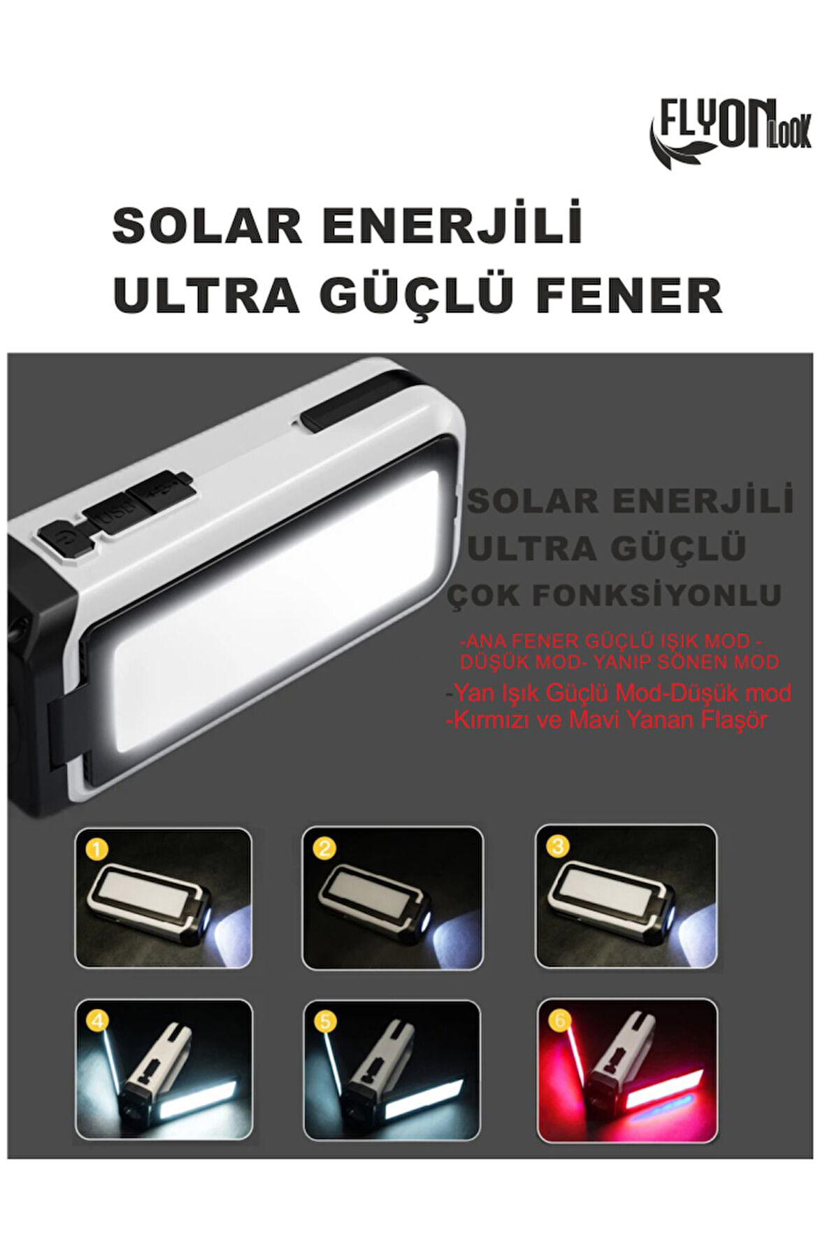 Solar Güneş Enerjili Ultra Şarjlı Güçlü El Feneri Hızlı Dolum Powerbank Özellikli Ortam Aydınlatmalı