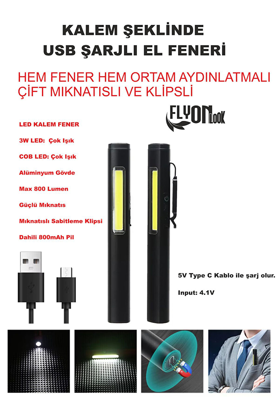 Kalem Şeklinde Şarj Edilebilir EL Feneri Güçlü Mıknatıslı Hem Ortam Aydınlatma Hem Fener Kamp Lamba