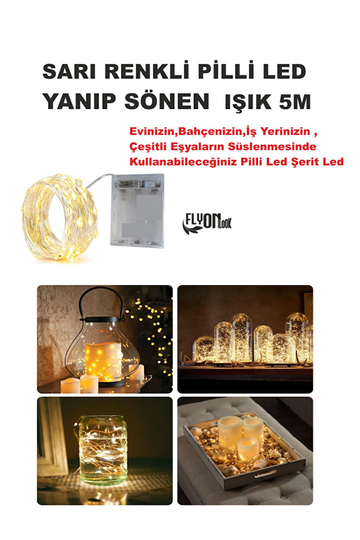 SARI IŞIKLI YANIP SÖNEN PİLLİ LED IŞIK 5M EV, BAHÇE, OFİS , ÇEŞİTLİ EŞYA SÜSLEME LED ŞERİT IŞIK