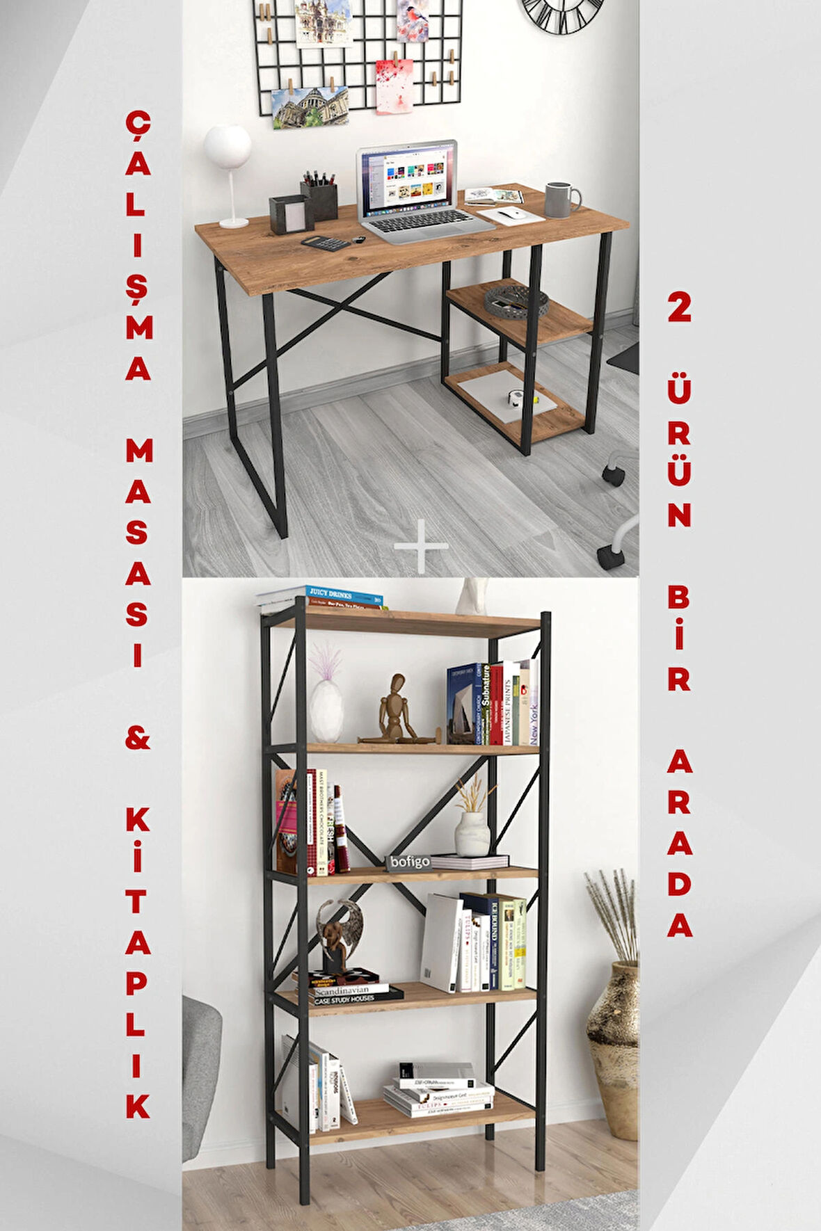 2 Raflı Çalışma Masası Bilgisayar Masası Ofis Ders Masası + 5 Raflı Kitaplık Metal Kitaplık Çam