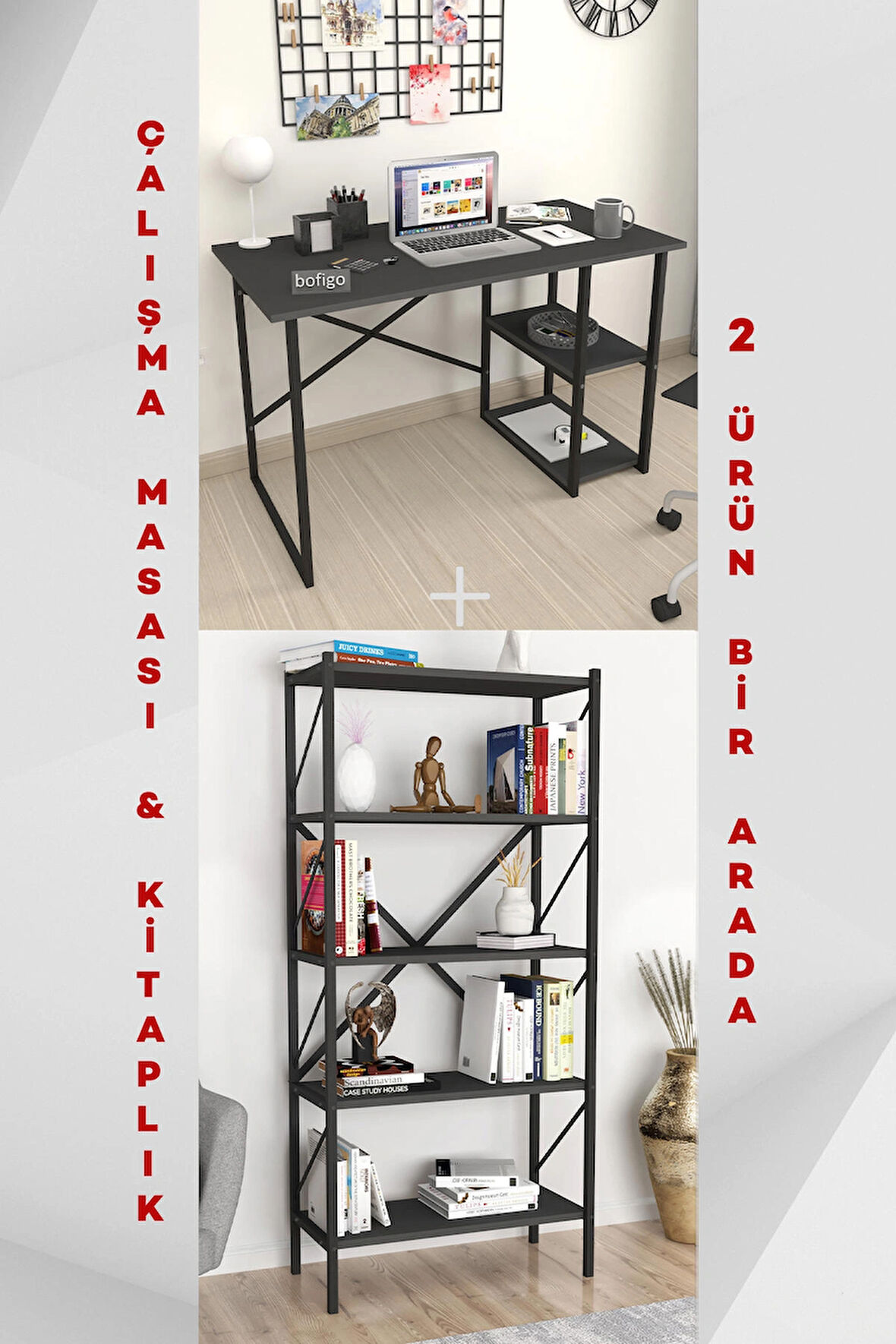 2 Raflı Çalışma Masası Bilgisayar Masası Ofis Ders Masası + 5 Raflı Kitaplık Metal Kitaplık Antrasit