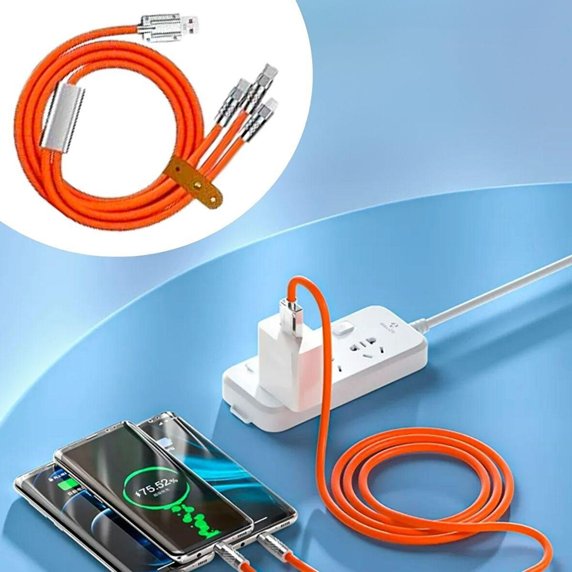caselka®  3 Şarj Aleti 1 Arada Çinko Alaşım Hızlı Şarj Kablosu Turuncu