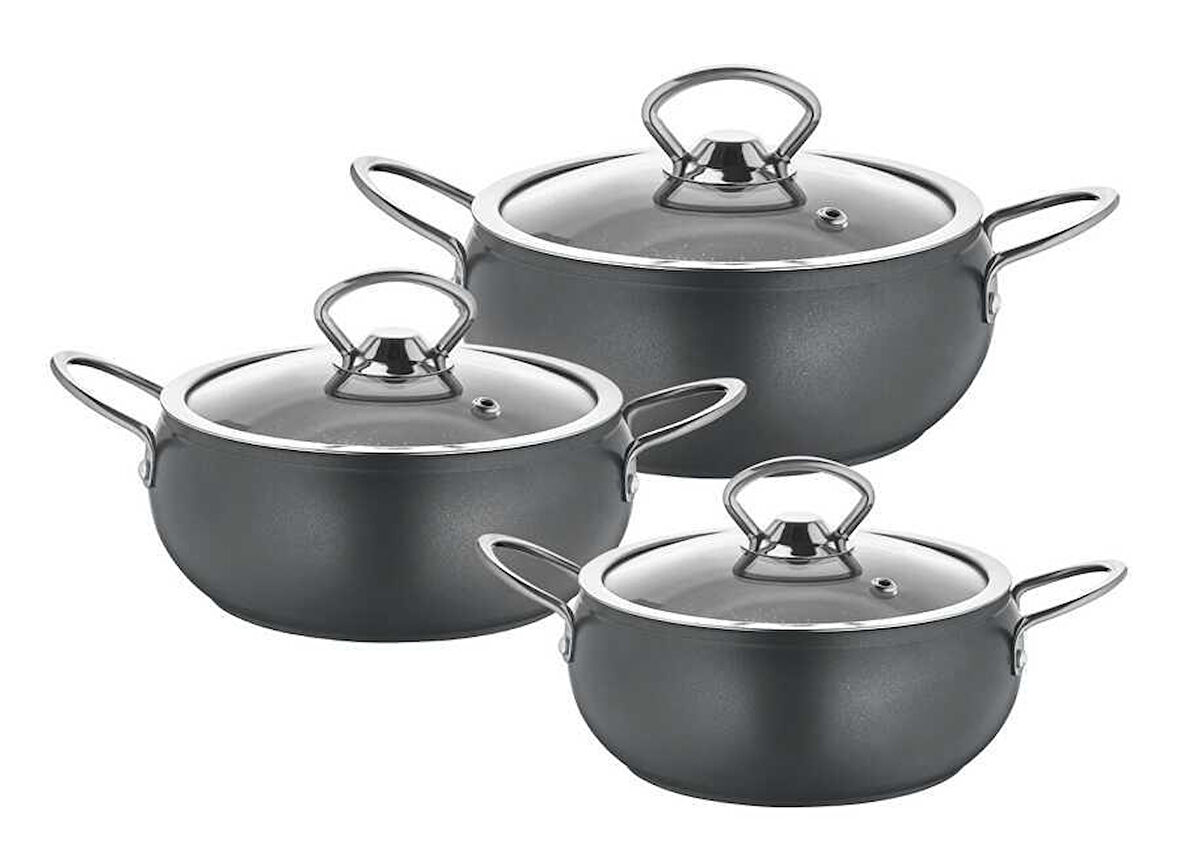 Oms Granit 3lü Granit Mini Tencere Takımı Cam Kapaklı 14-16-18 CM